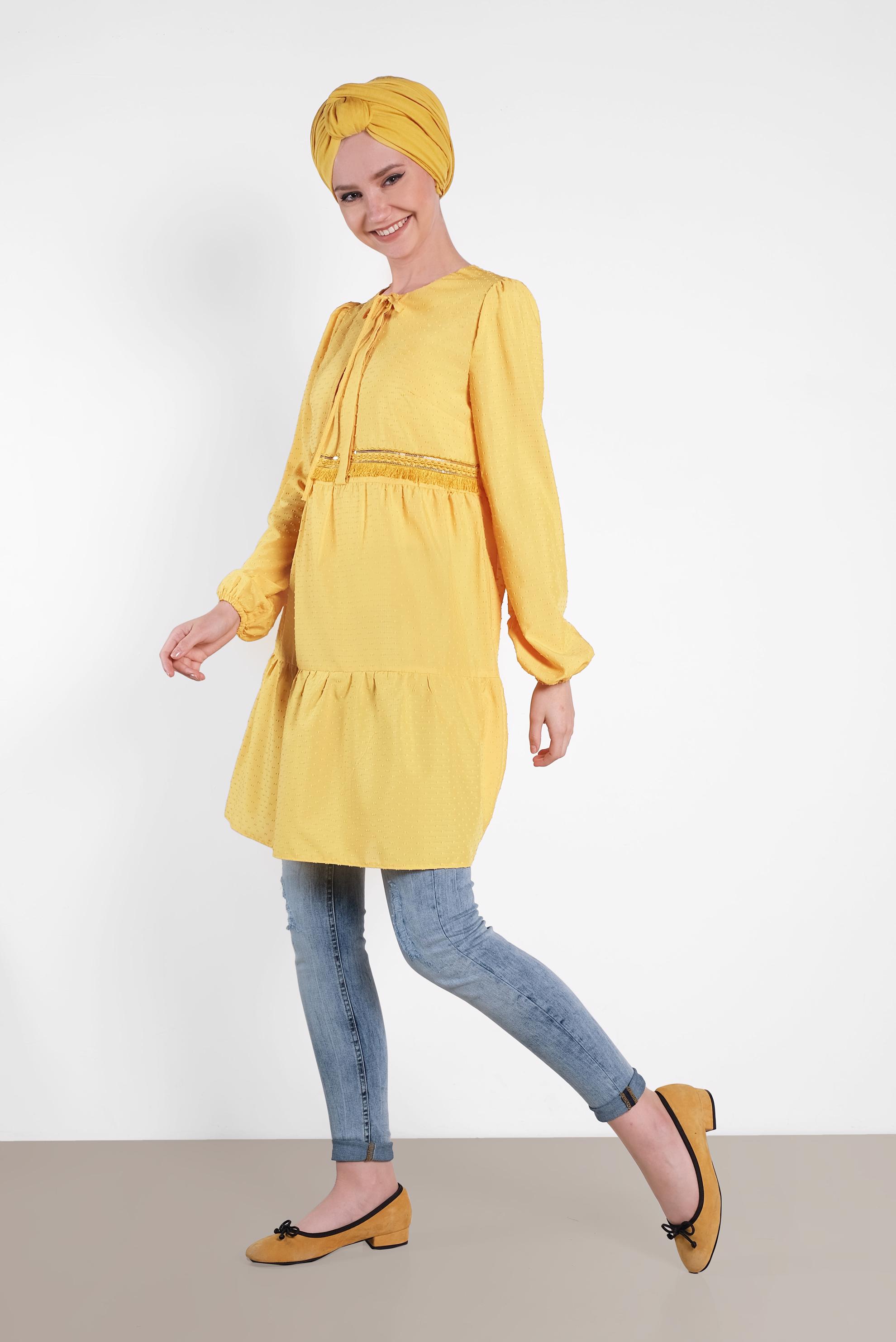 Tesettür giyim SARI KOLLARI LASTİKLİ TUNİK 4470