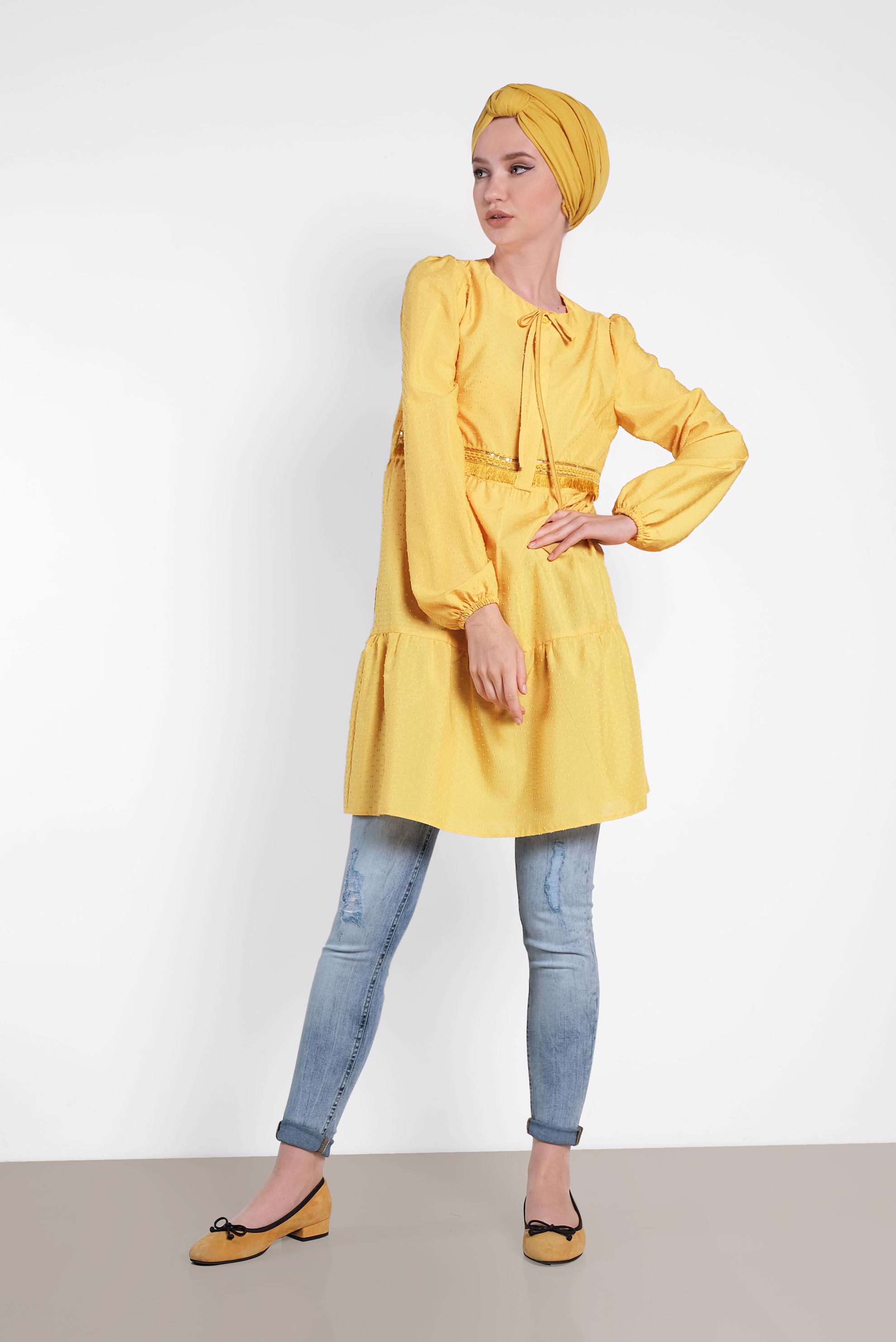 Tesettür giyim SARI KOLLARI LASTİKLİ TUNİK 4470