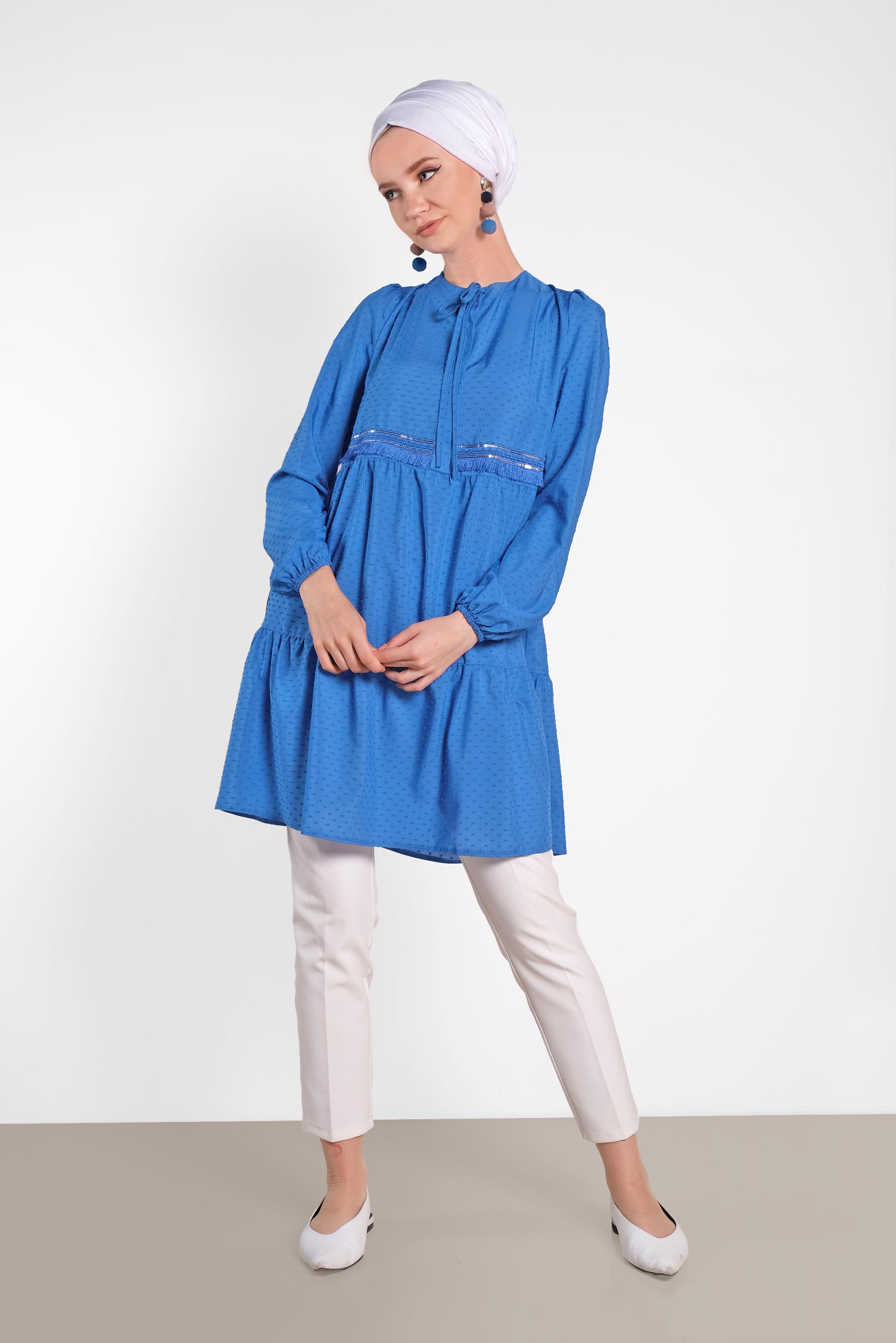 Tesettür giyim LACİVERT KOLLARI LASTİKLİ TUNİK 4470