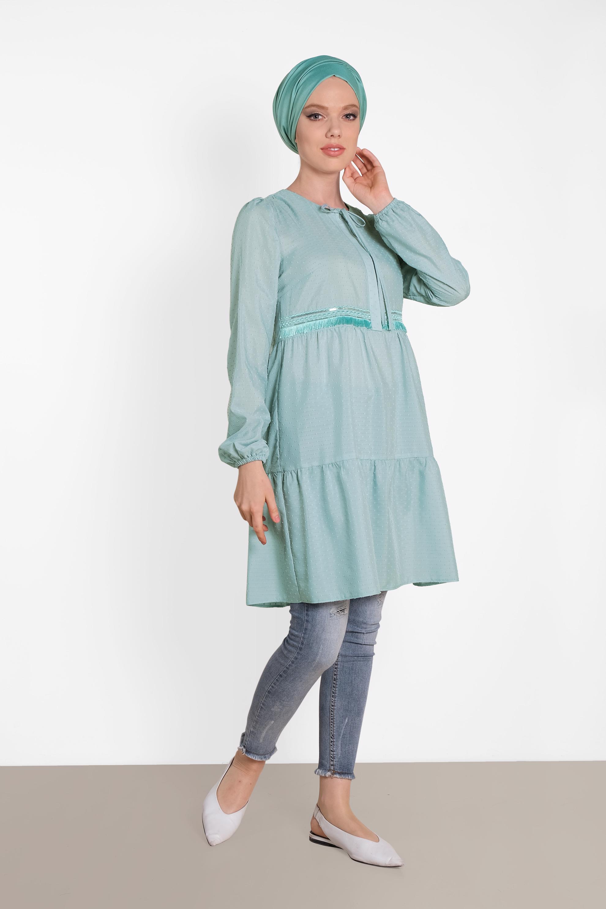 Tesettür giyim MAVİ KOLLARI LASTİKLİ TUNİK 4470