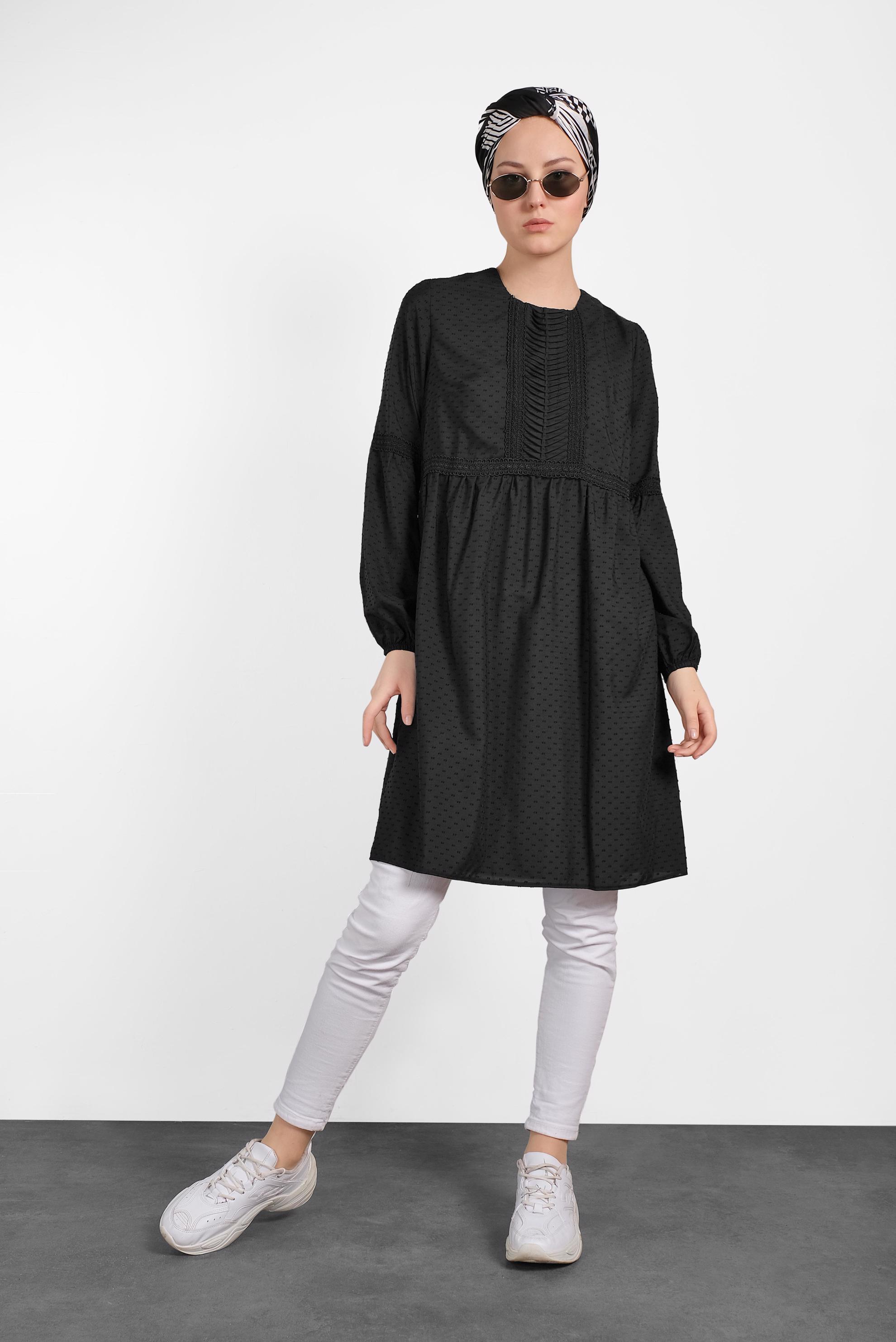 Tesettür giyim SİYAH BİLEKLERİ LASTİKLİ TUNİK 4471