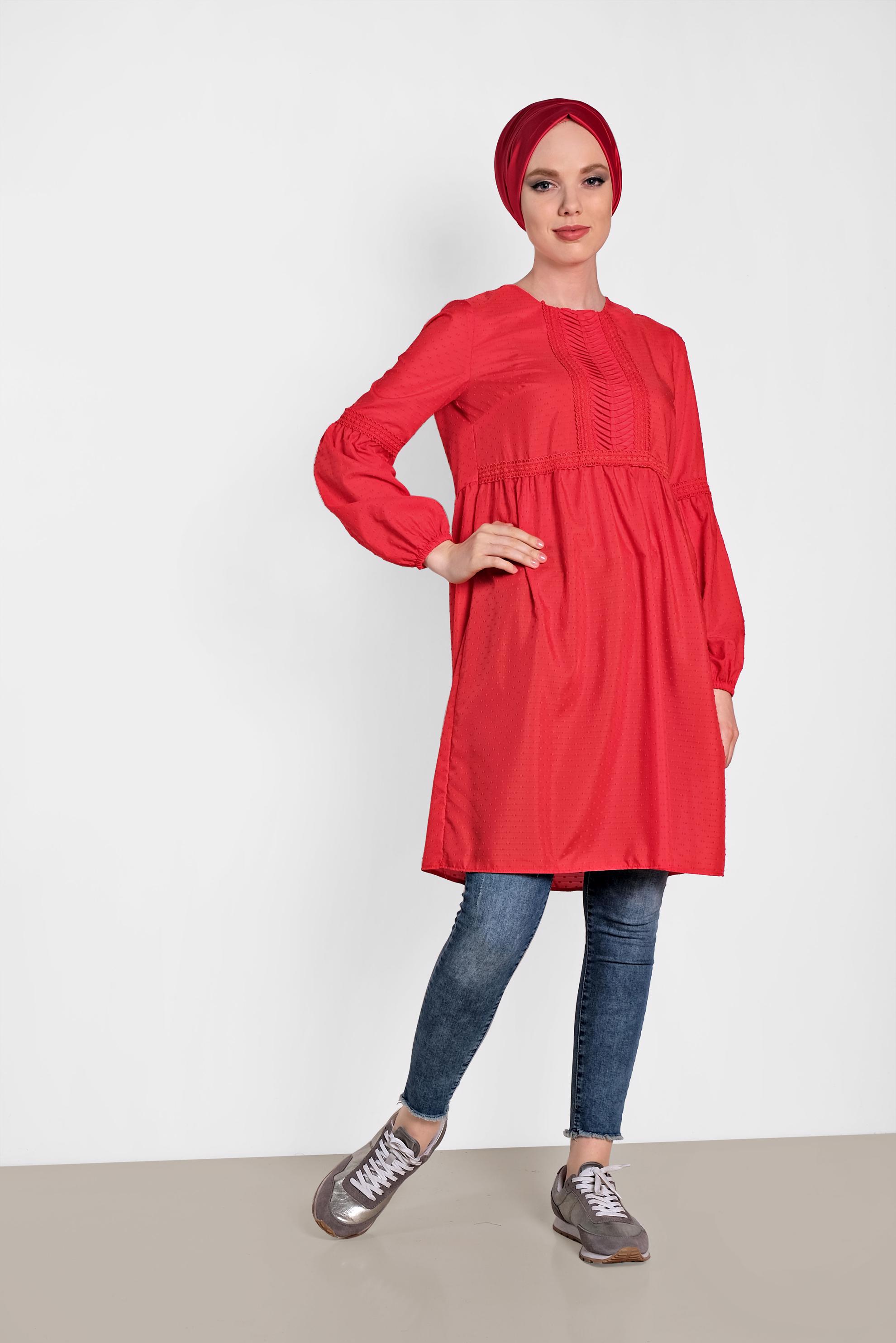 Tesettür giyim KIRMIZI BİLEKLERİ LASTİKLİ TUNİK 4471