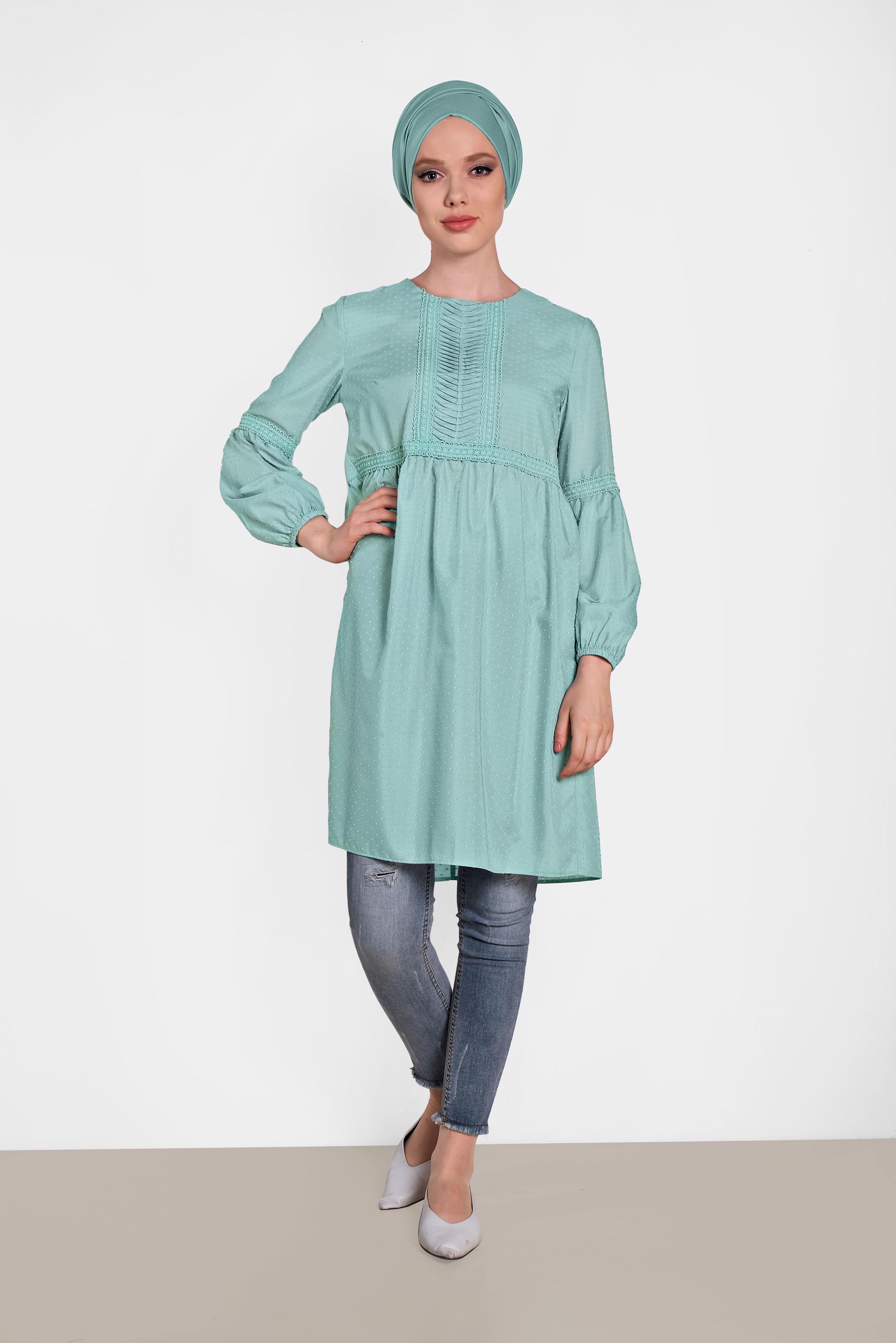 Tesettür giyim MAVİ BİLEKLERİ LASTİKLİ TUNİK 4471