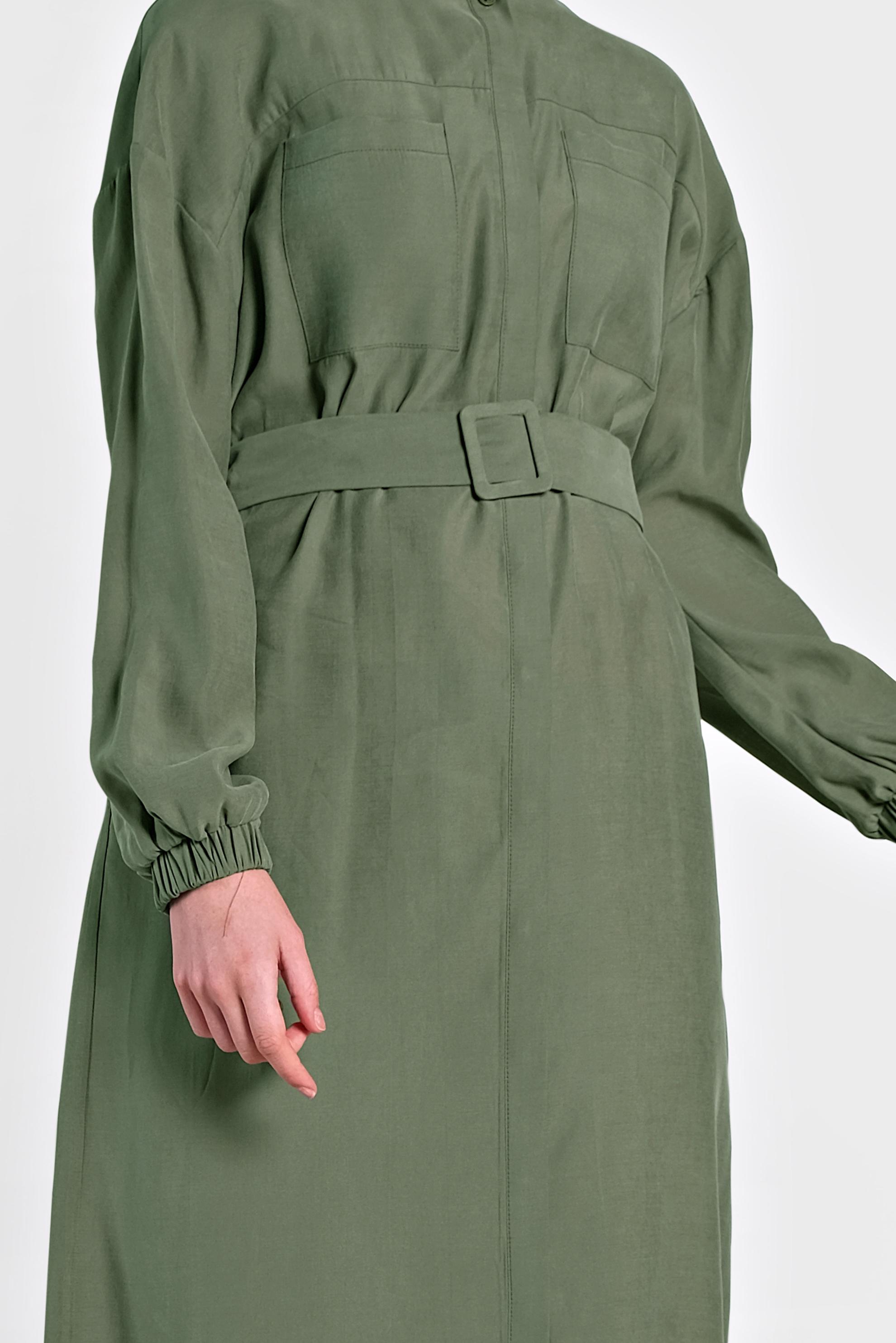 Tesettür giyim HAKİ SIRTI PÜSKÜL DETAYLI KUŞAKLI TUNİK 4473