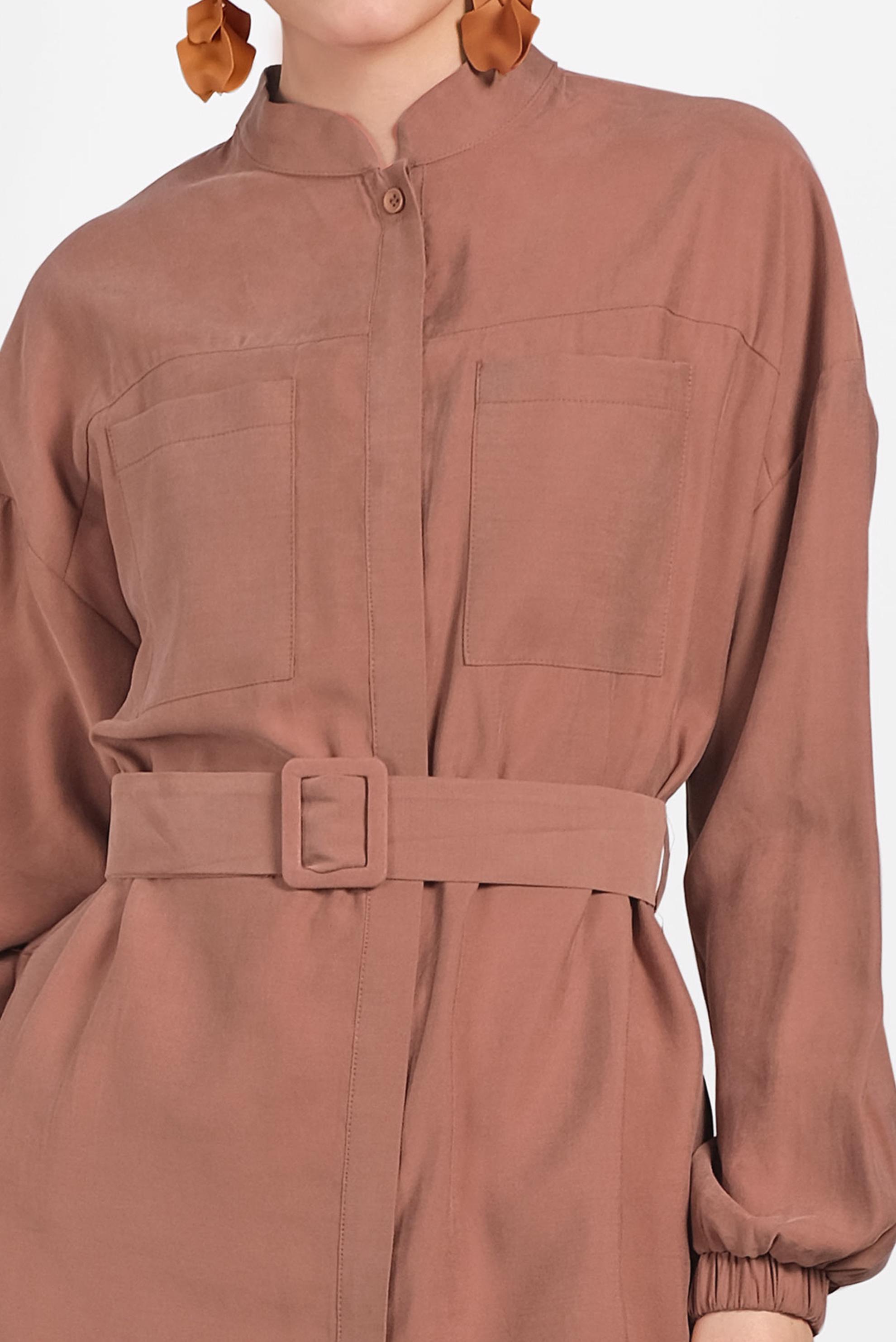 Tesettür giyim TURUNCU SIRTI PÜSKÜL DETAYLI KUŞAKLI TUNİK 4473