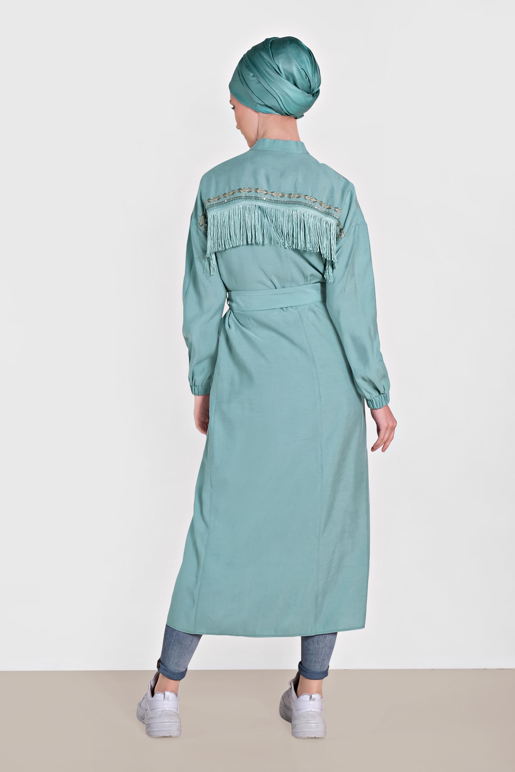 Tesettür giyim MAVİ SIRTI PÜSKÜL DETAYLI KUŞAKLI TUNİK 4473