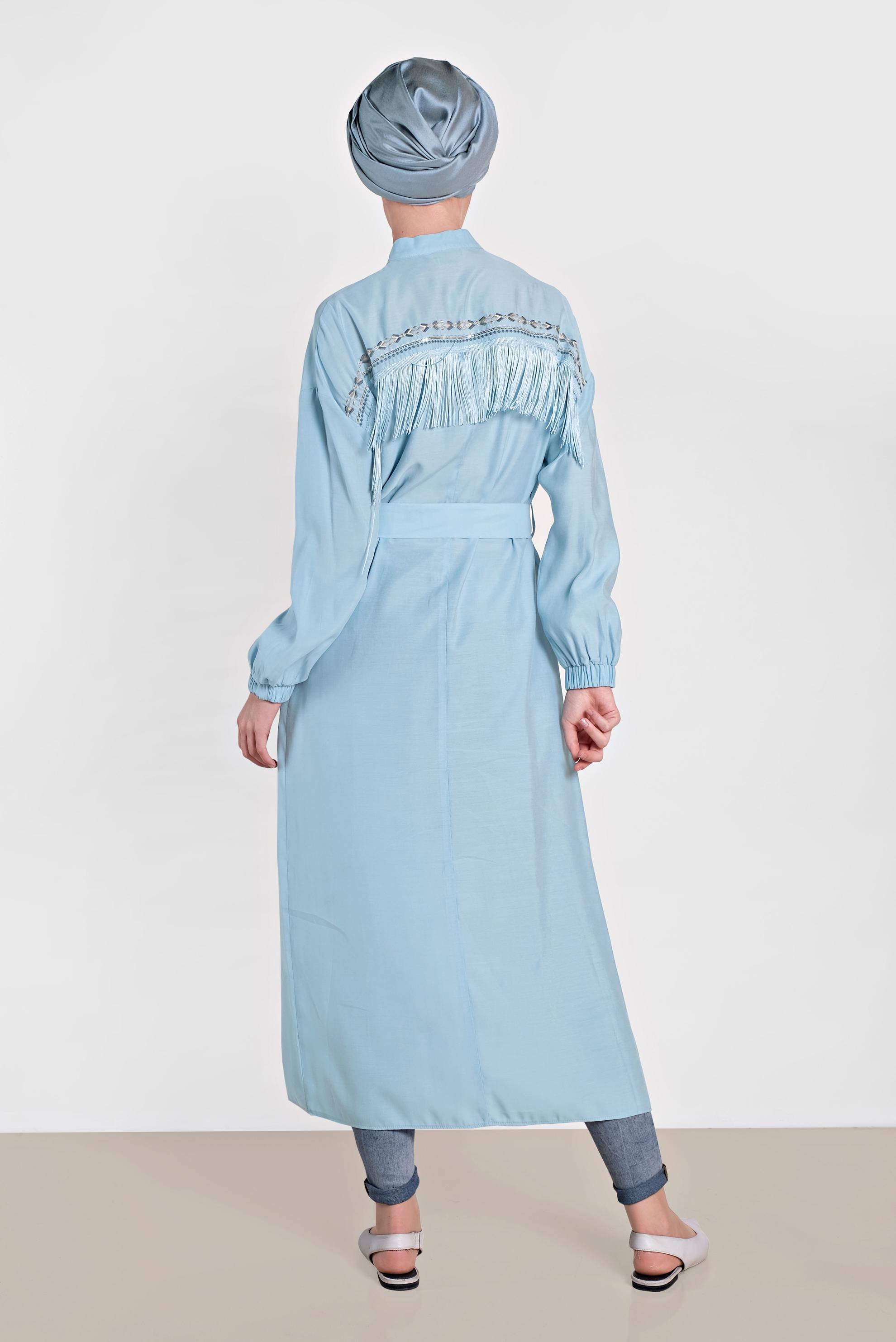 Tesettür giyim MAVİ SIRTI PÜSKÜL DETAYLI KUŞAKLI TUNİK 4473