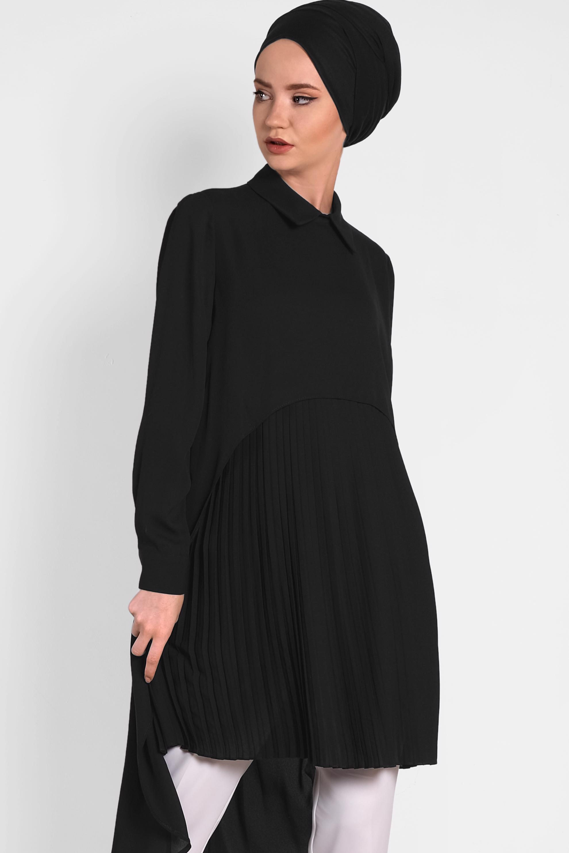 Tesettür giyim SİYAH PİLİSELİ ŞİFON TUNİK 4474