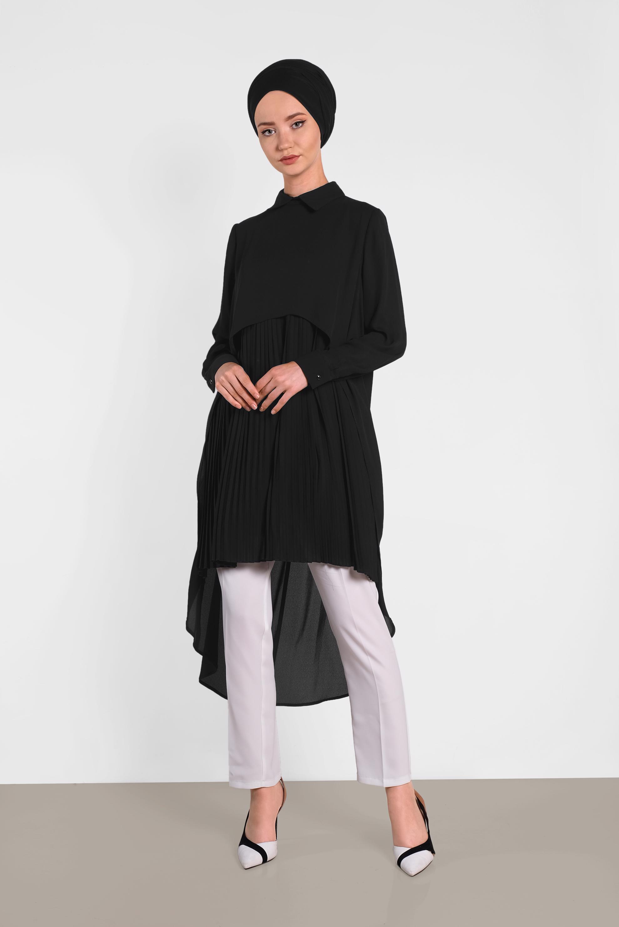 Tesettür giyim SİYAH PİLİSELİ ŞİFON TUNİK 4474