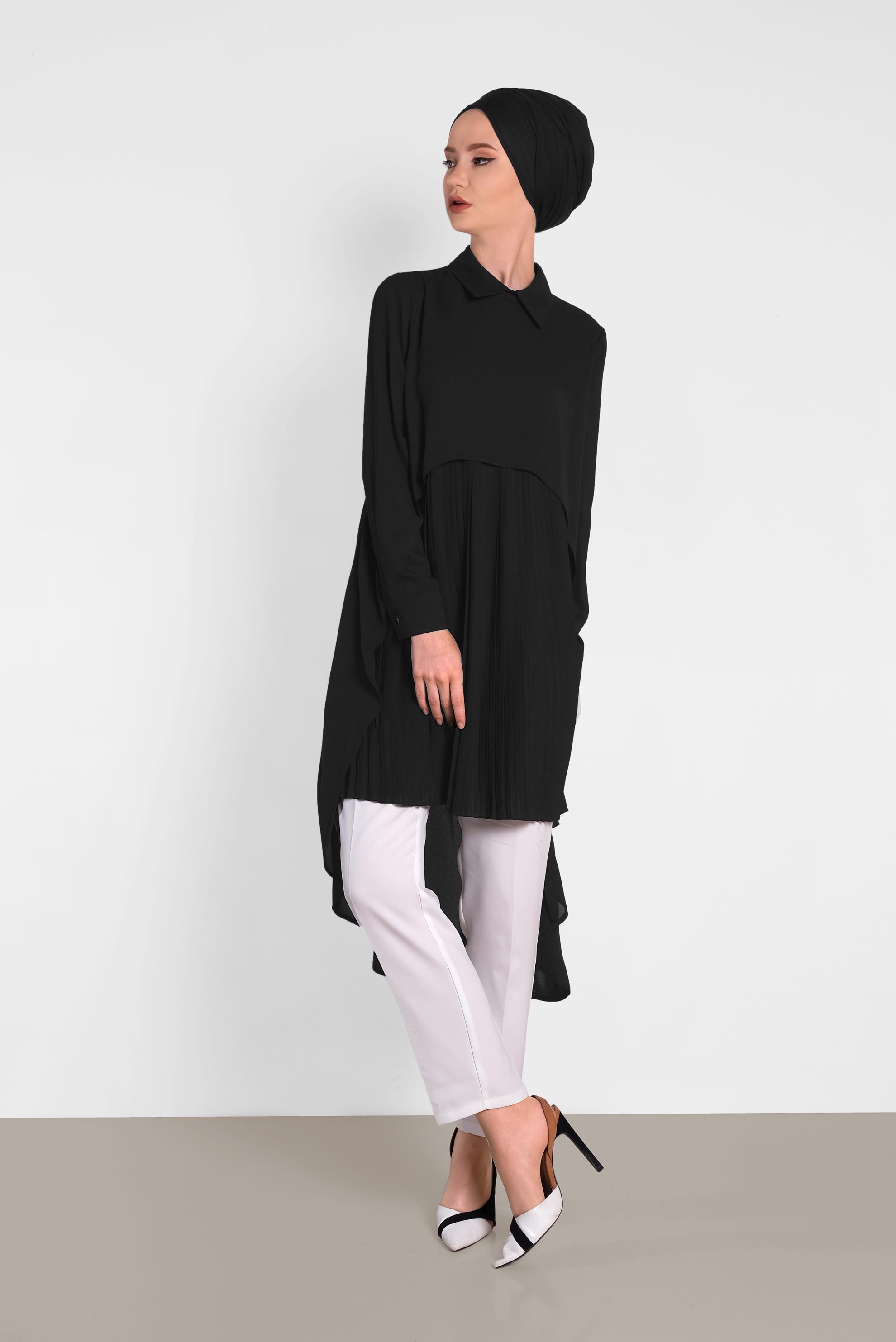 Tesettür giyim SİYAH PİLİSELİ ŞİFON TUNİK 4474