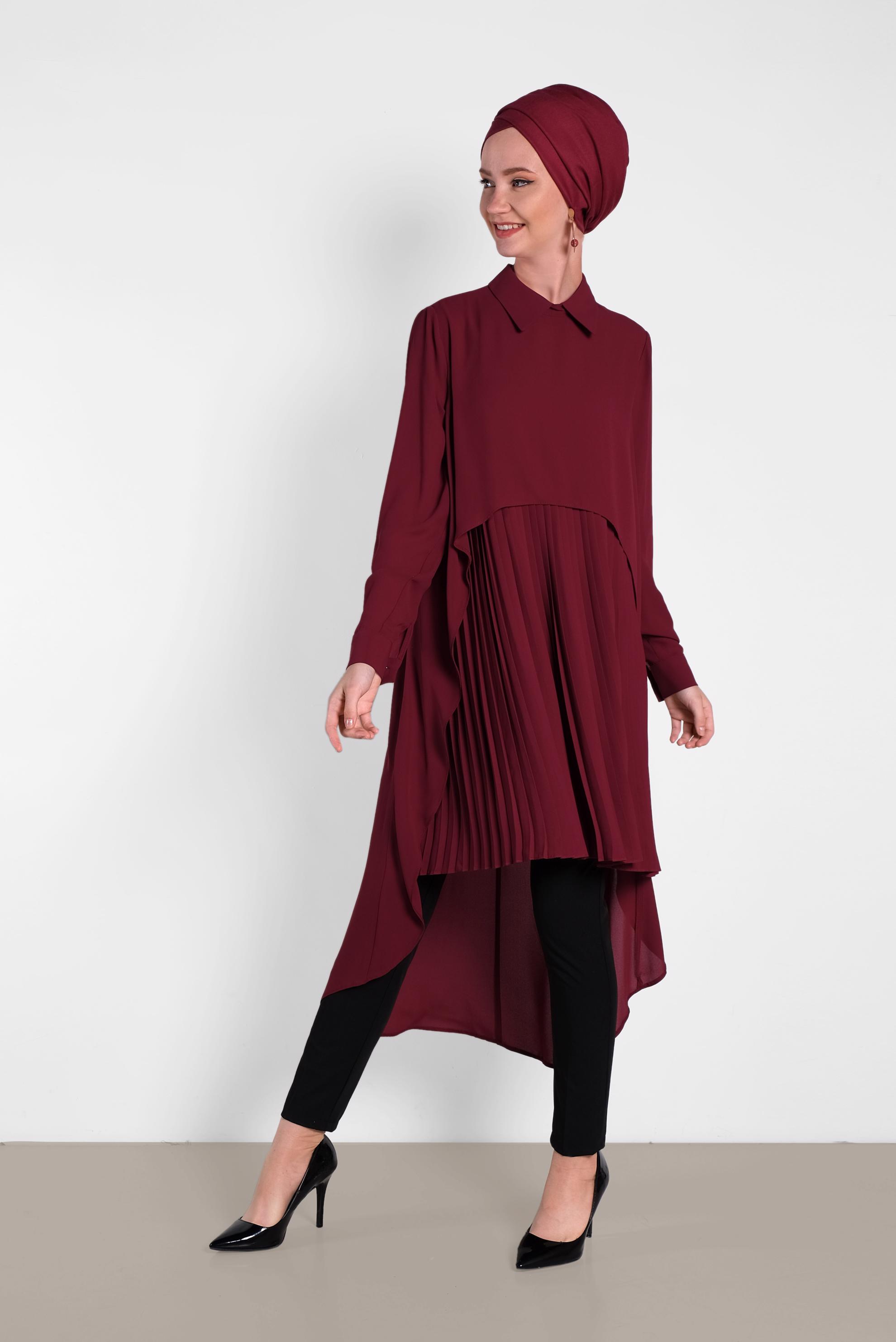 Tesettür giyim BORDO PİLİSELİ ŞİFON TUNİK 4474