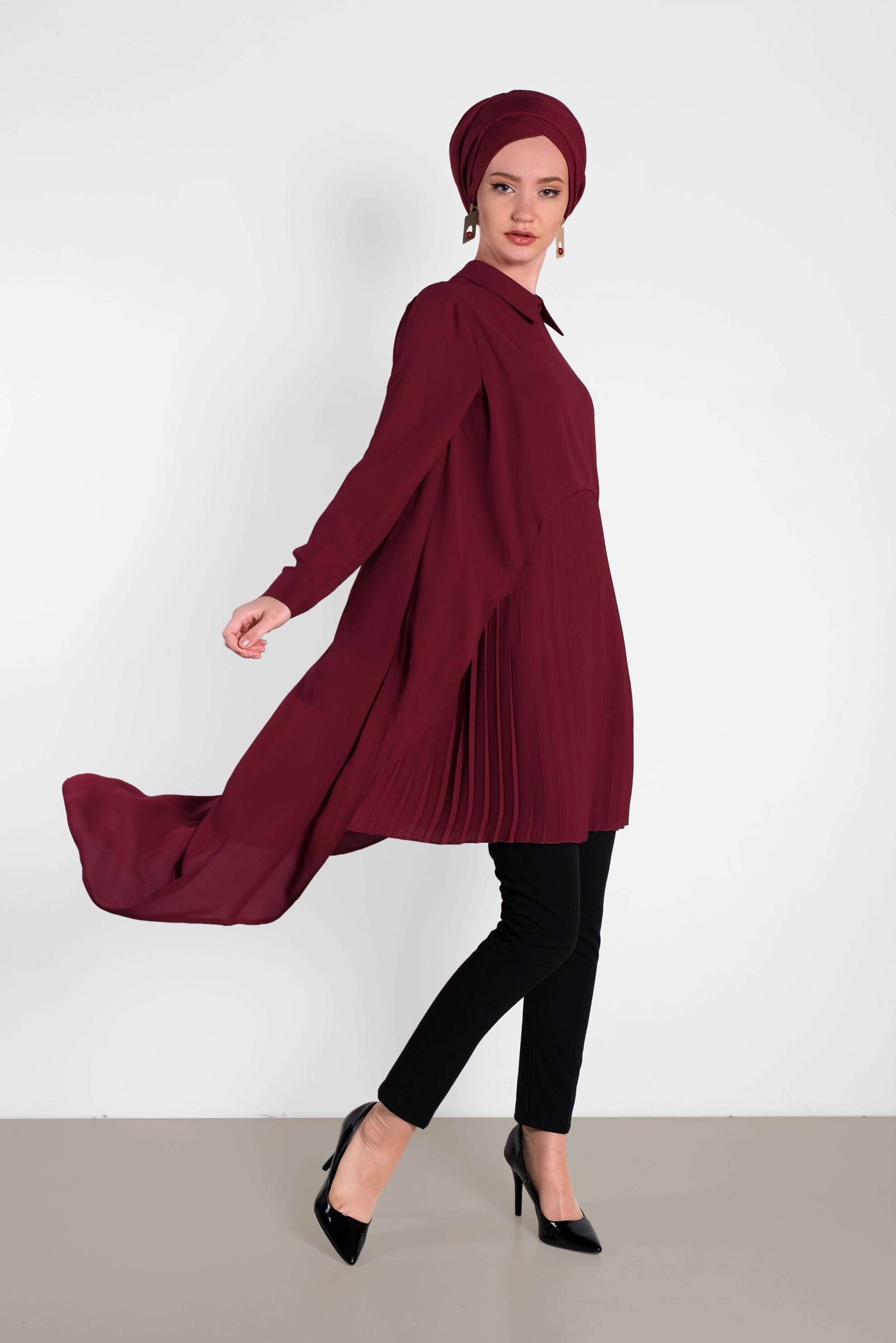 Tesettür giyim BORDO PİLİSELİ ŞİFON TUNİK 4474
