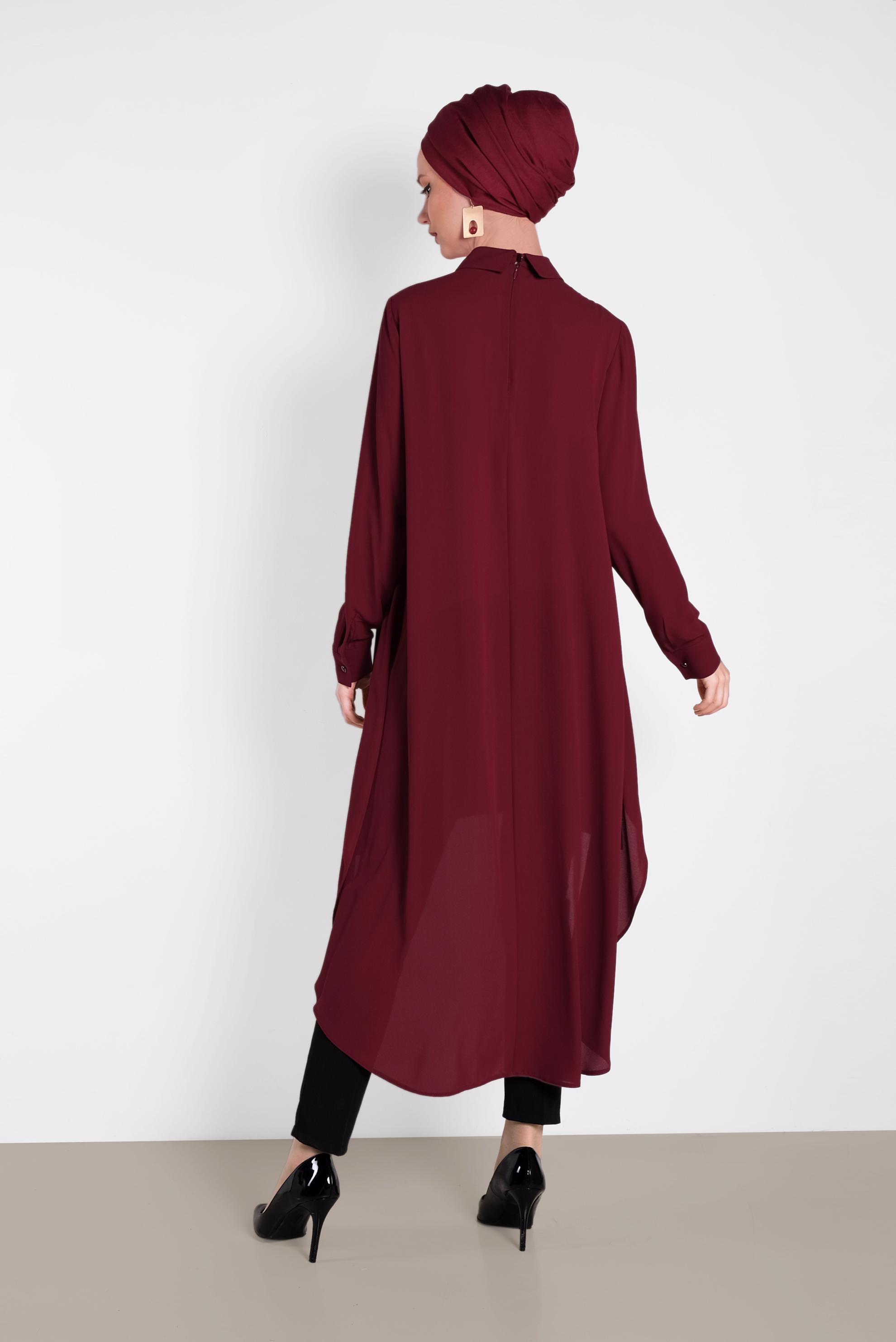 Tesettür giyim BORDO PİLİSELİ ŞİFON TUNİK 4474
