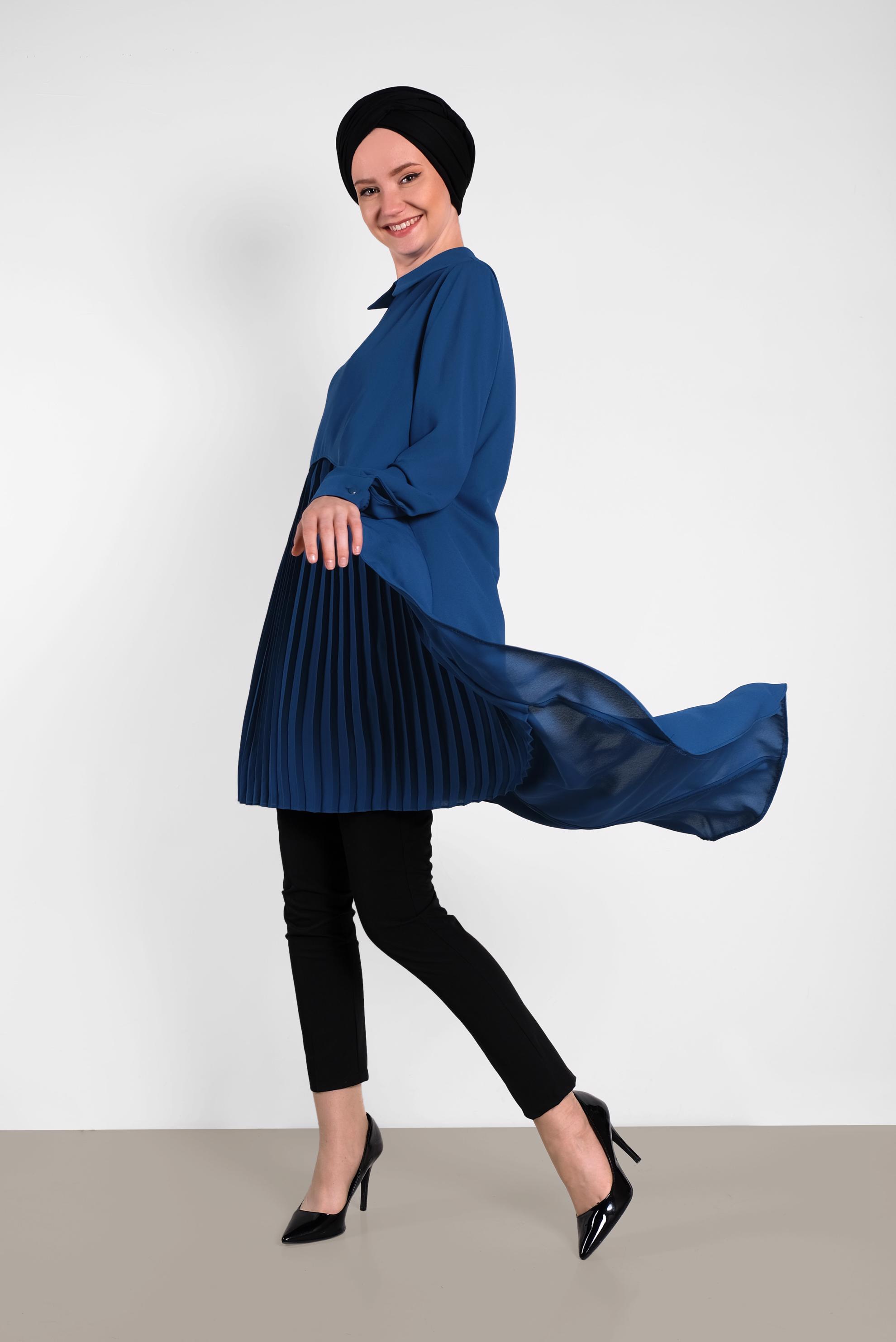 Tesettür giyim LACİVERT PİLİSELİ ŞİFON TUNİK 4474