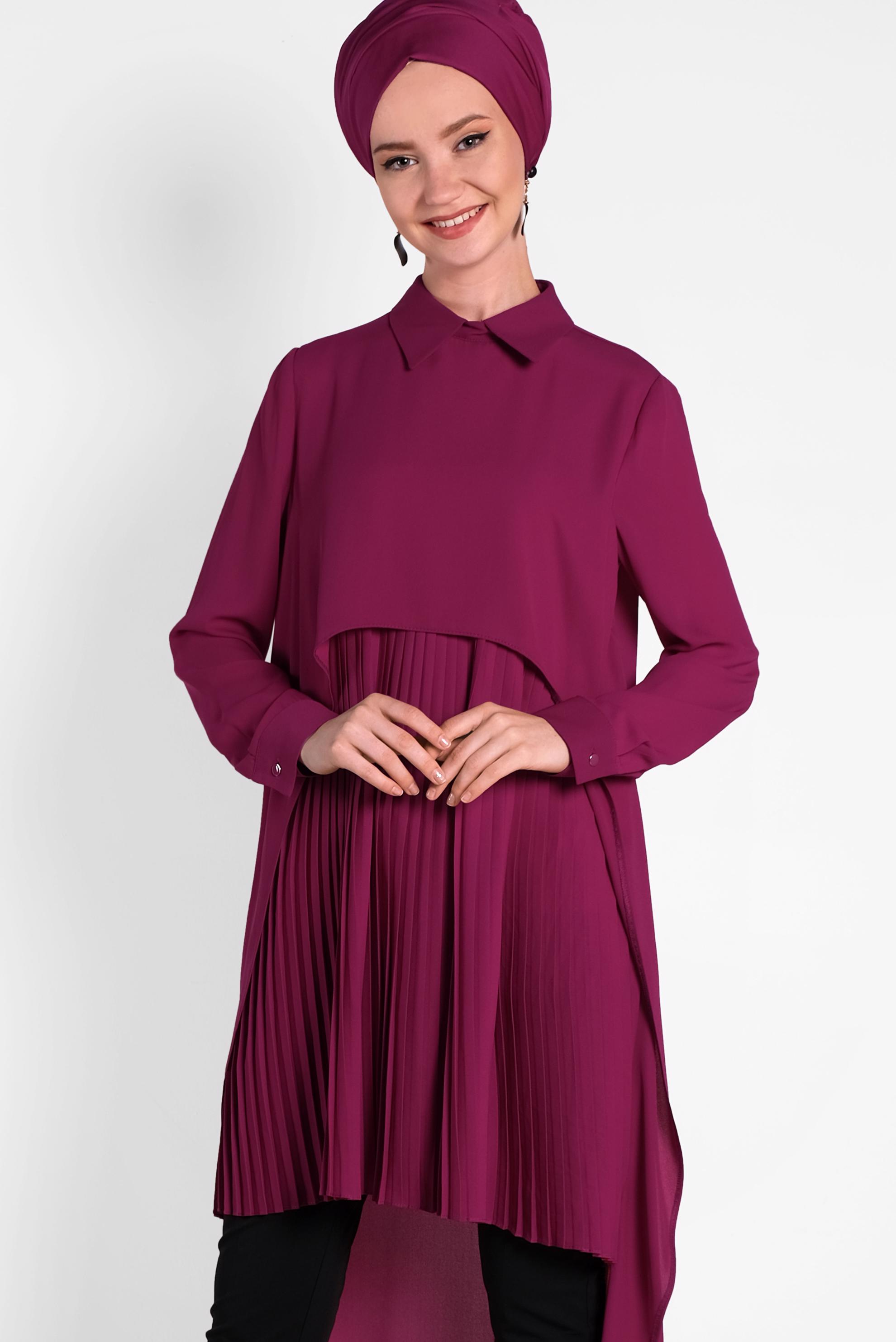Tesettür giyim MOR PİLİSELİ ŞİFON TUNİK 4474