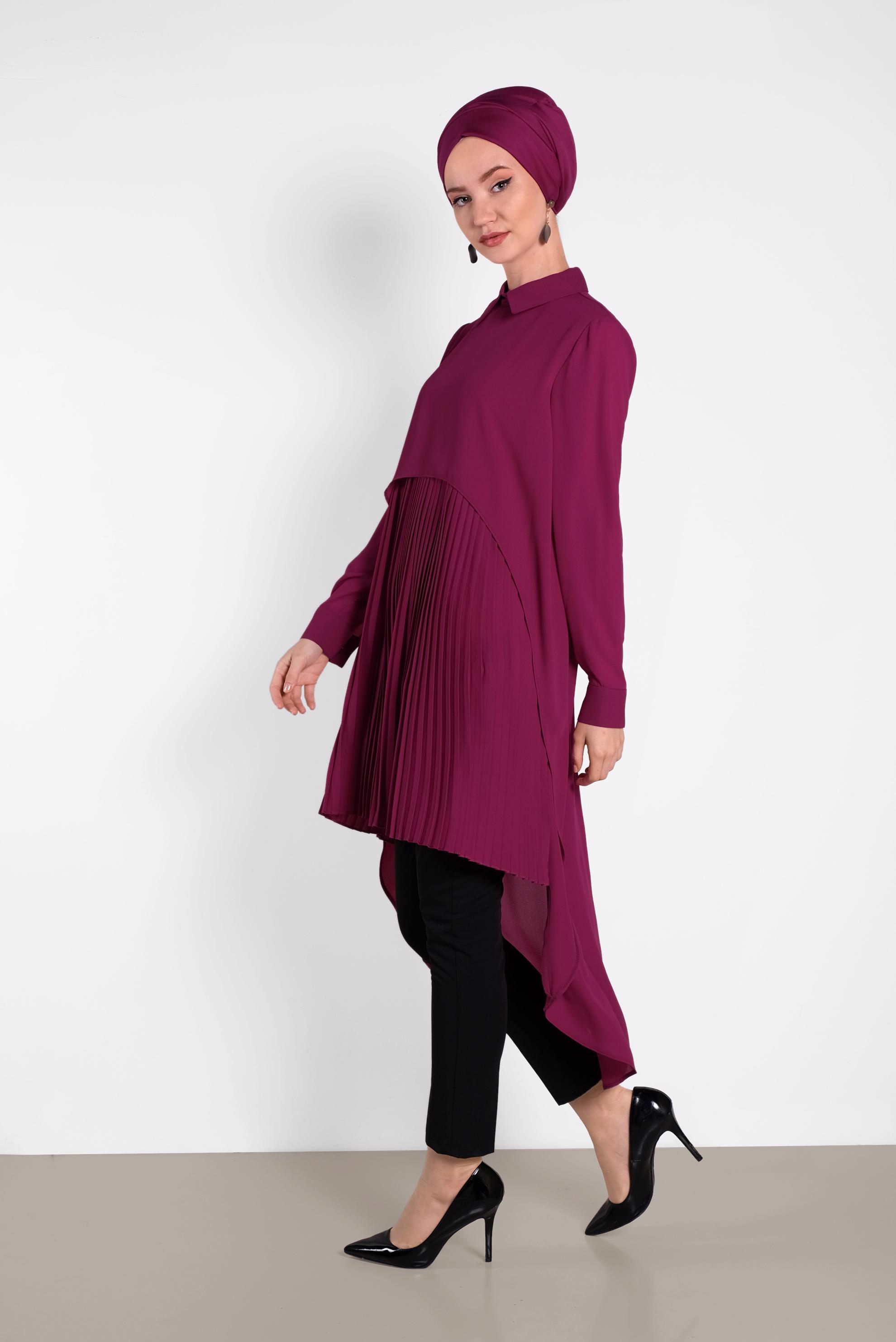 Tesettür giyim MOR PİLİSELİ ŞİFON TUNİK 4474