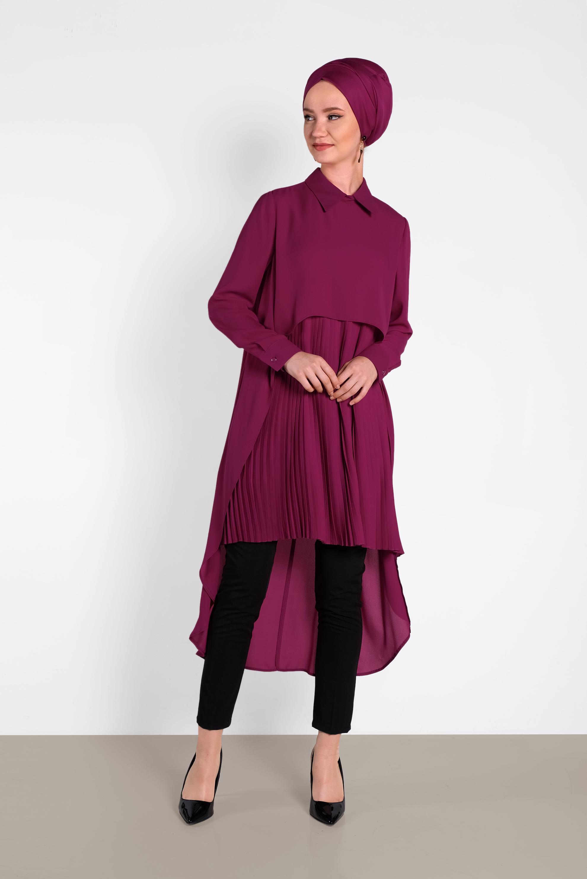 Tesettür giyim MOR PİLİSELİ ŞİFON TUNİK 4474
