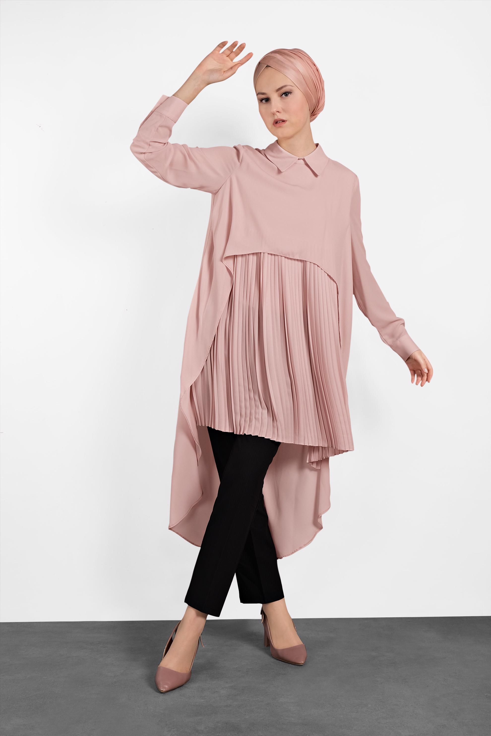 Tesettür giyim PUDRA PİLİSELİ ŞİFON TUNİK 4474