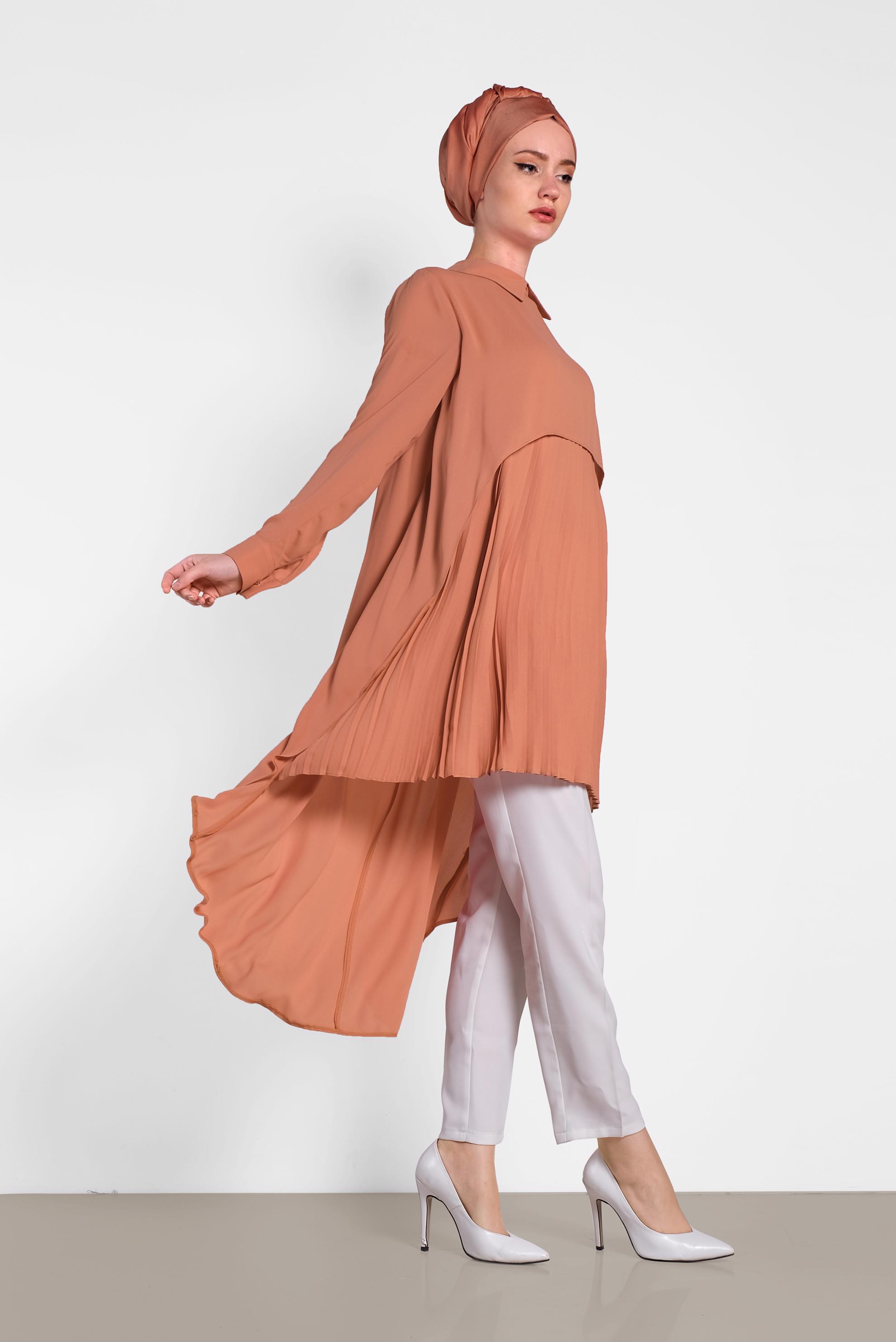 Tesettür giyim KAHVE PİLİSELİ ŞİFON TUNİK 4474