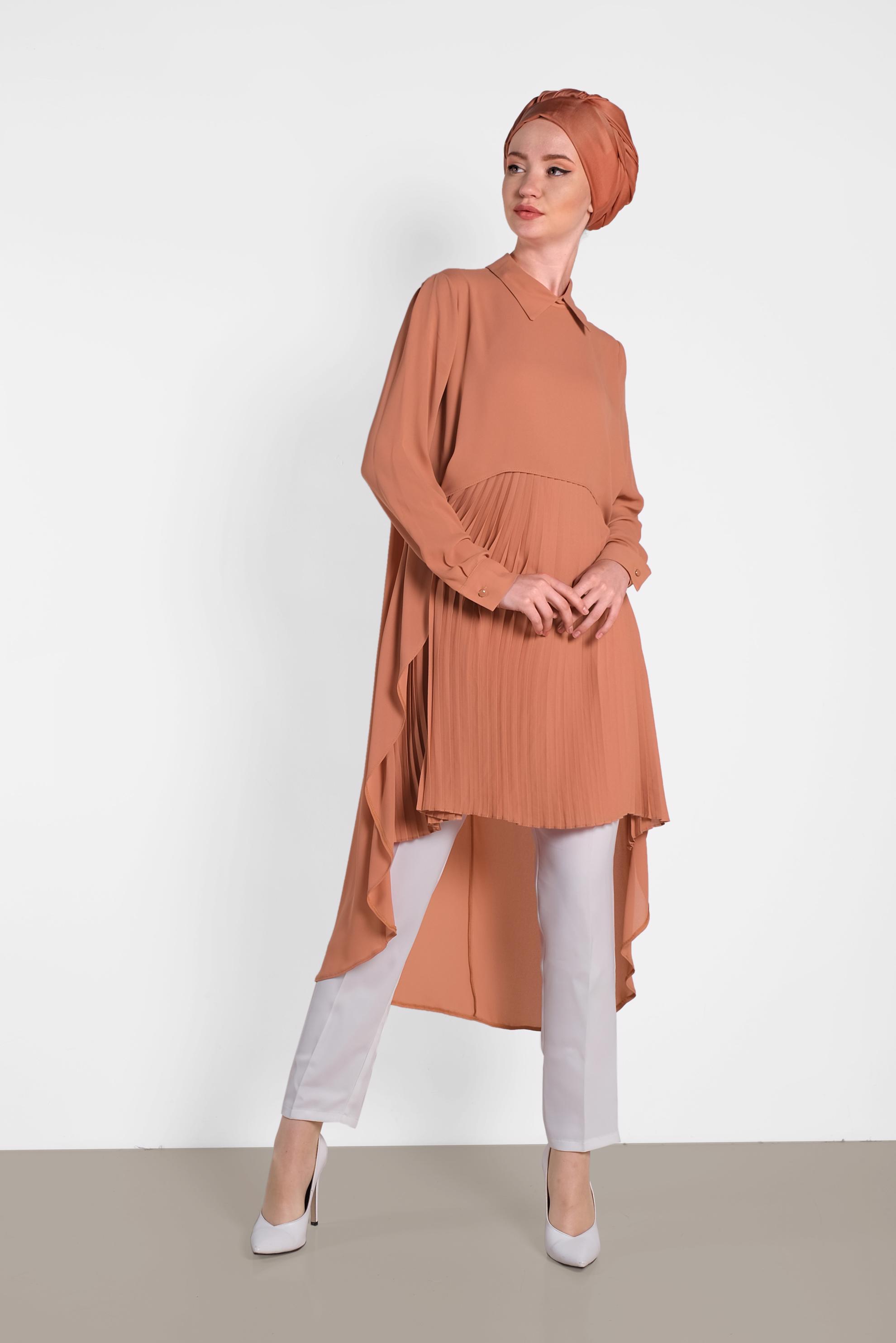 Tesettür giyim KAHVE PİLİSELİ ŞİFON TUNİK 4474