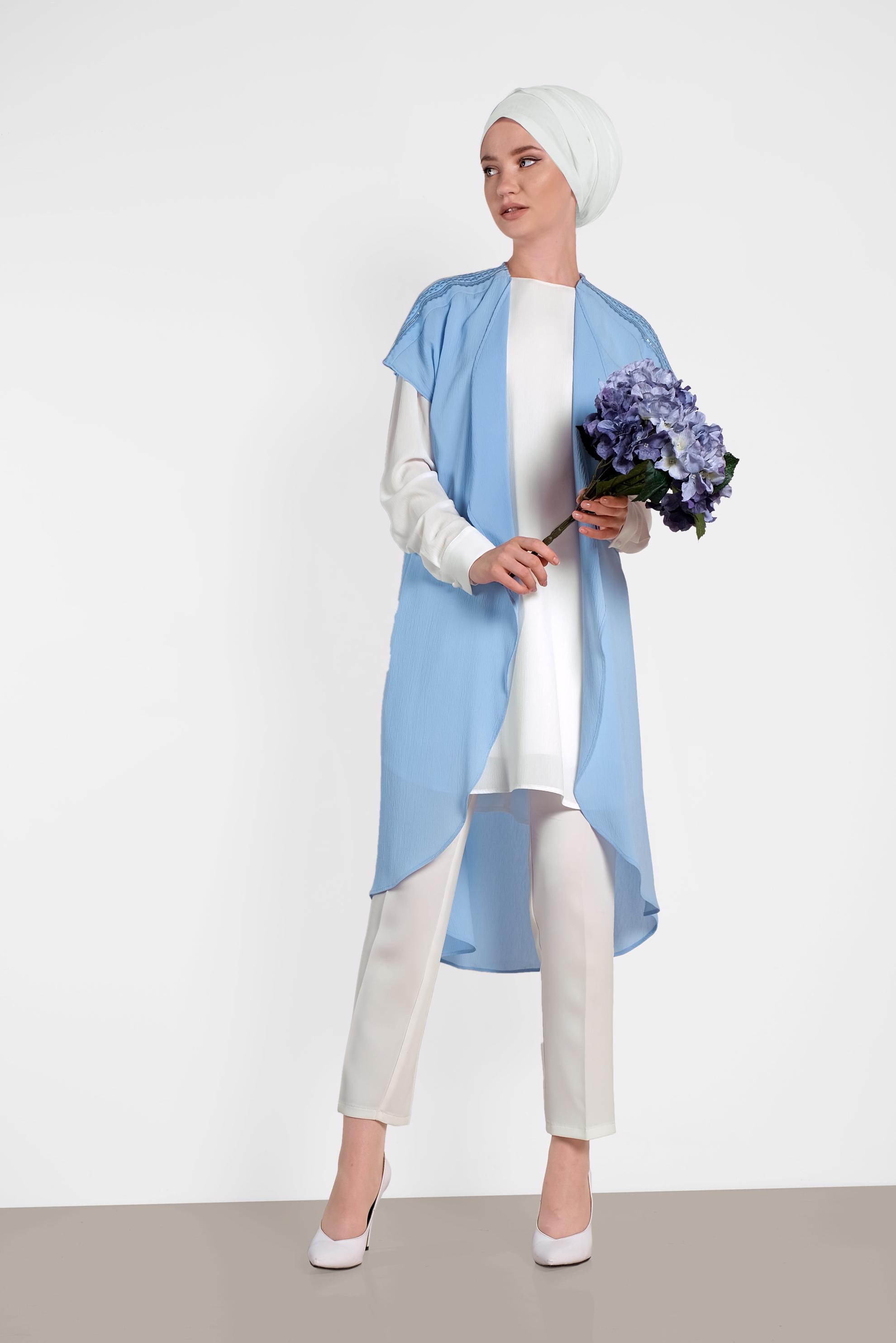 Tesettür giyim MAVİ OMUZ KISMI İŞLEMELİ İKİLİ TUNİK 4475