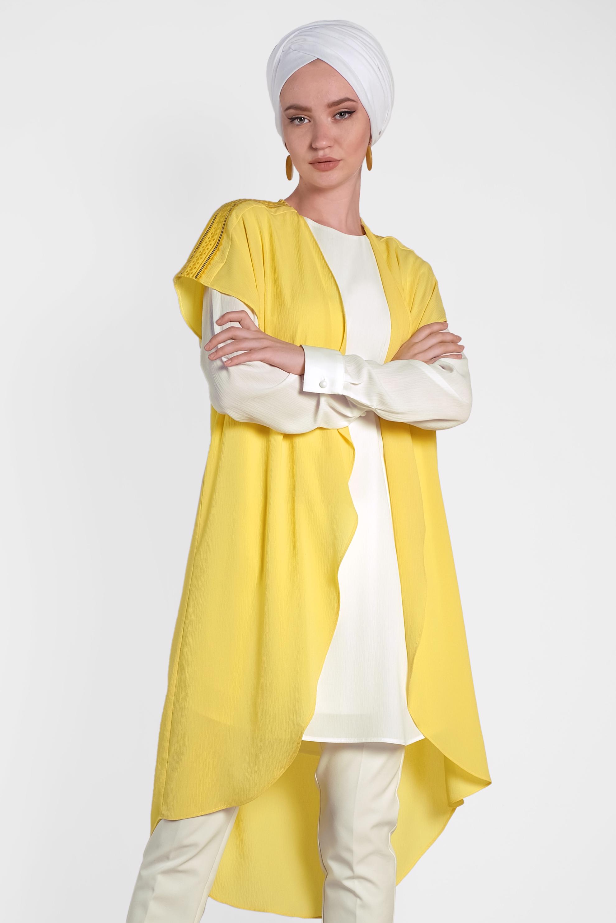 Tesettür giyim SARI OMUZ KISMI İŞLEMELİ İKİLİ TUNİK 4475