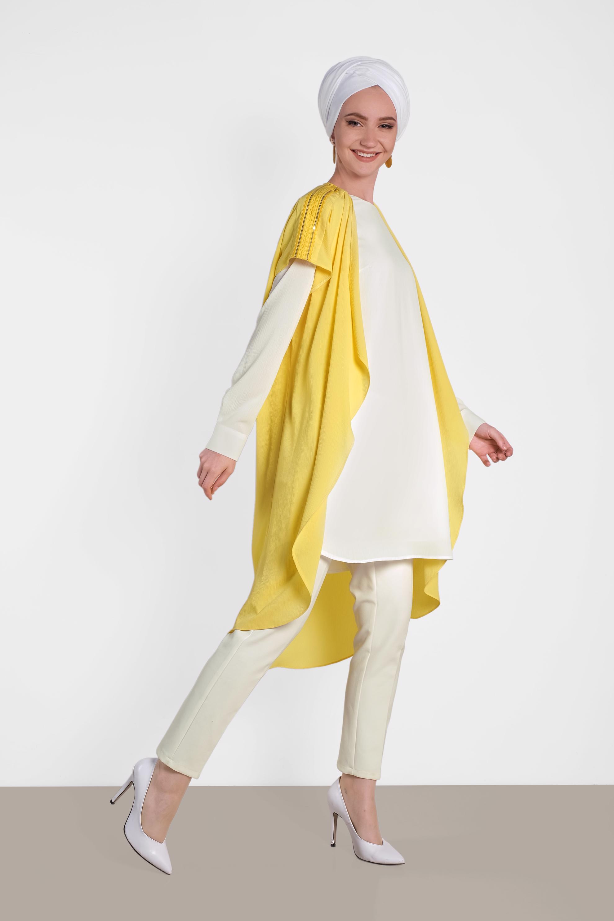 Tesettür giyim SARI OMUZ KISMI İŞLEMELİ İKİLİ TUNİK 4475