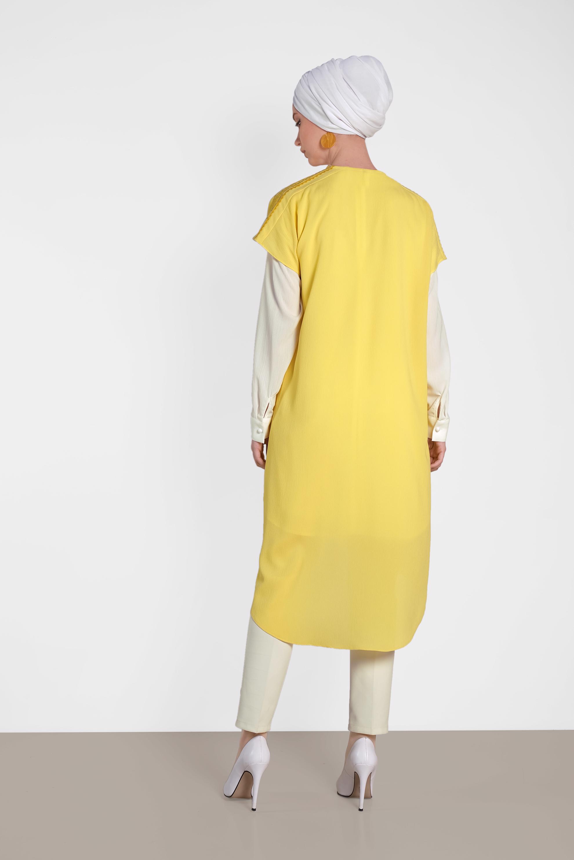 Tesettür giyim SARI OMUZ KISMI İŞLEMELİ İKİLİ TUNİK 4475