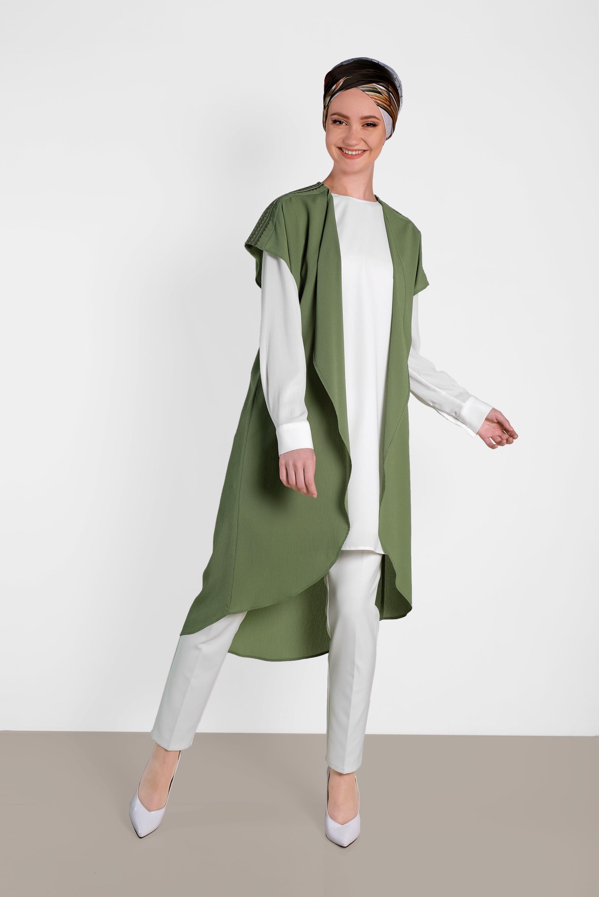 Tesettür giyim HAKİ OMUZ KISMI İŞLEMELİ İKİLİ TUNİK 4475