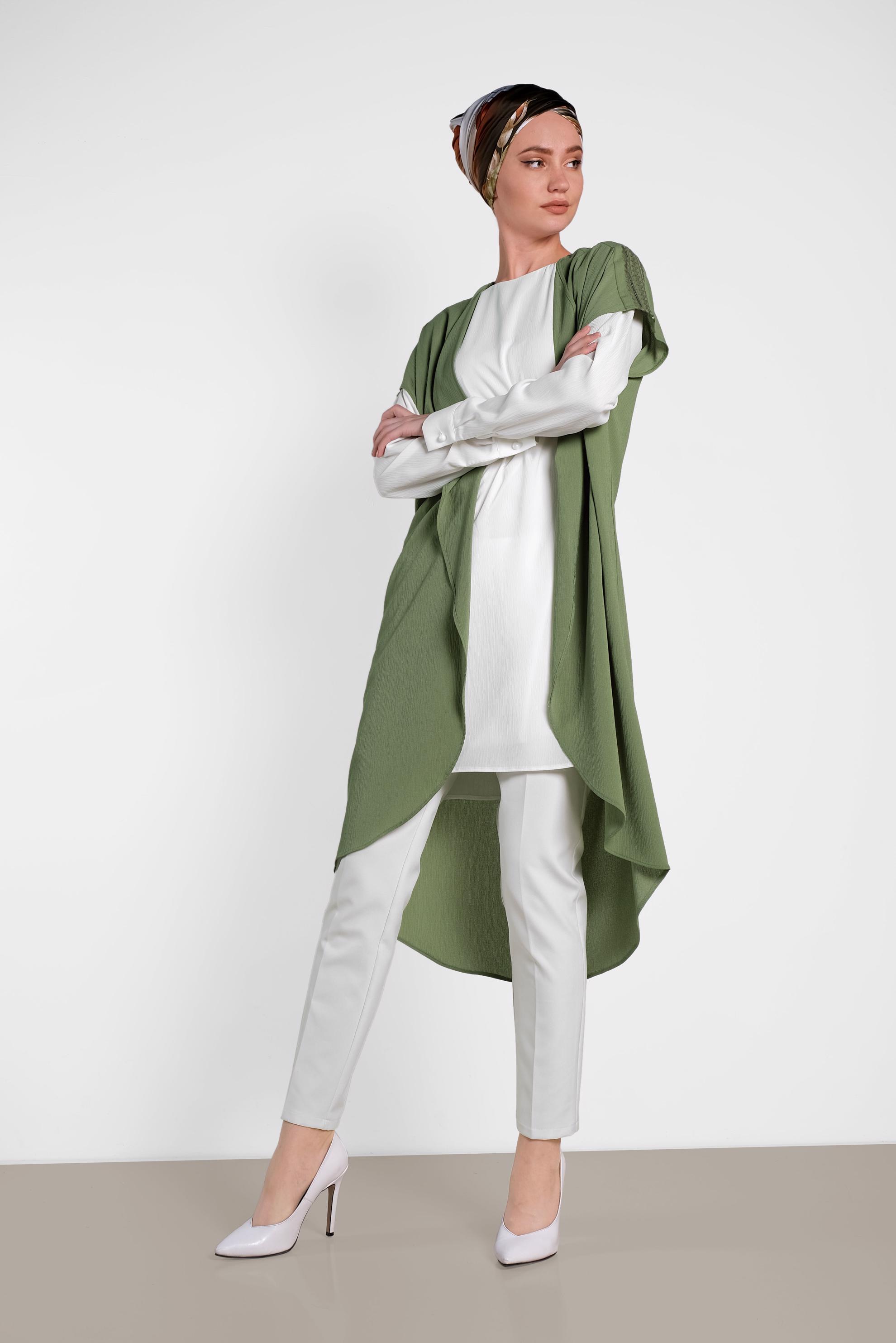 Tesettür giyim HAKİ OMUZ KISMI İŞLEMELİ İKİLİ TUNİK 4475