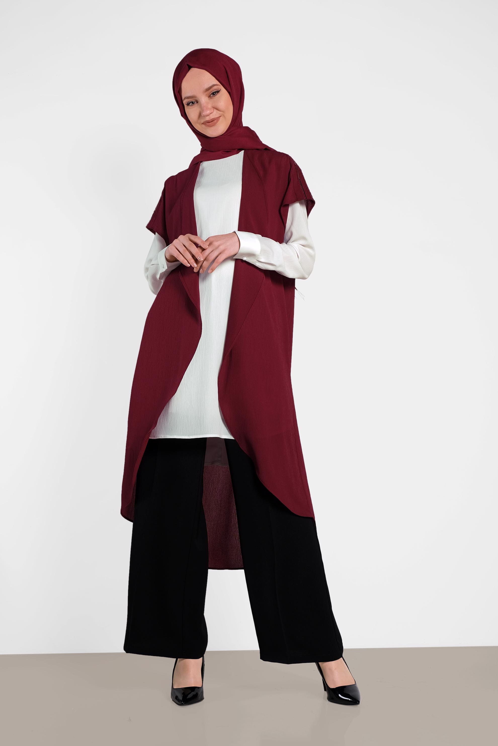 Tesettür giyim KIRMIZI OMUZ KISMI İŞLEMELİ İKİLİ TUNİK 4475