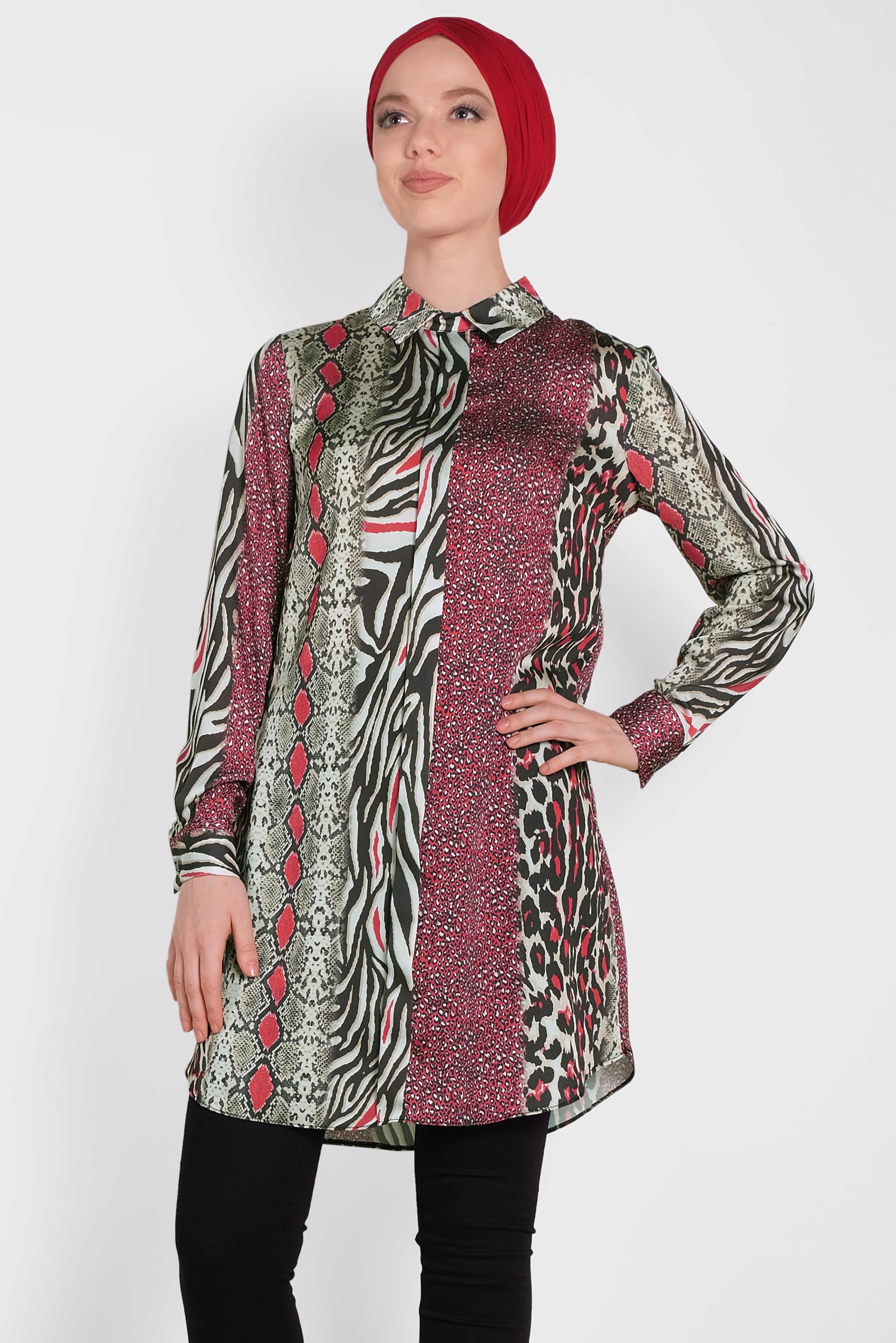 Tesettür giyim KIRMIZI LEOPARLI SATEN TUNİK 4491