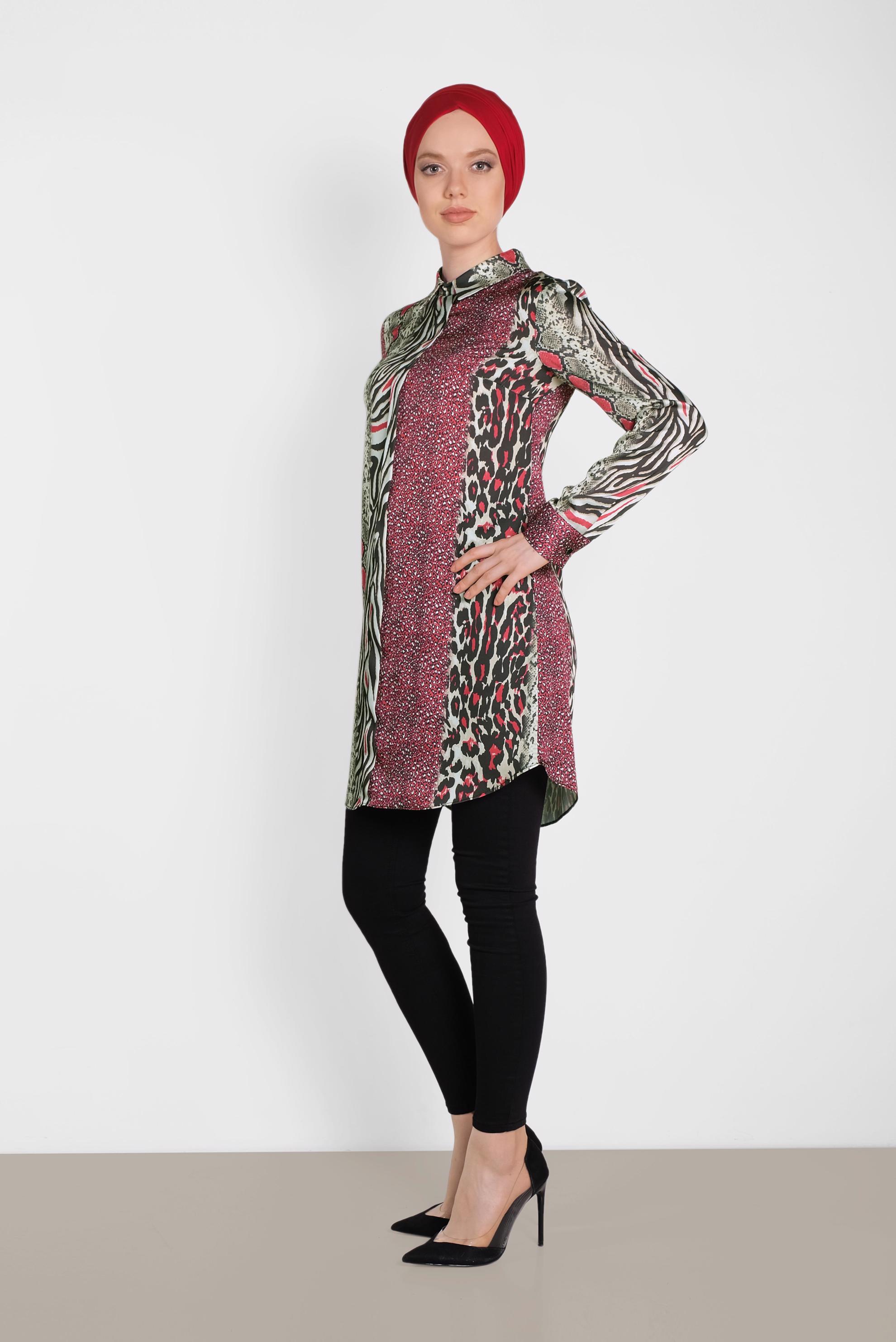 Tesettür giyim KIRMIZI LEOPARLI SATEN TUNİK 4491