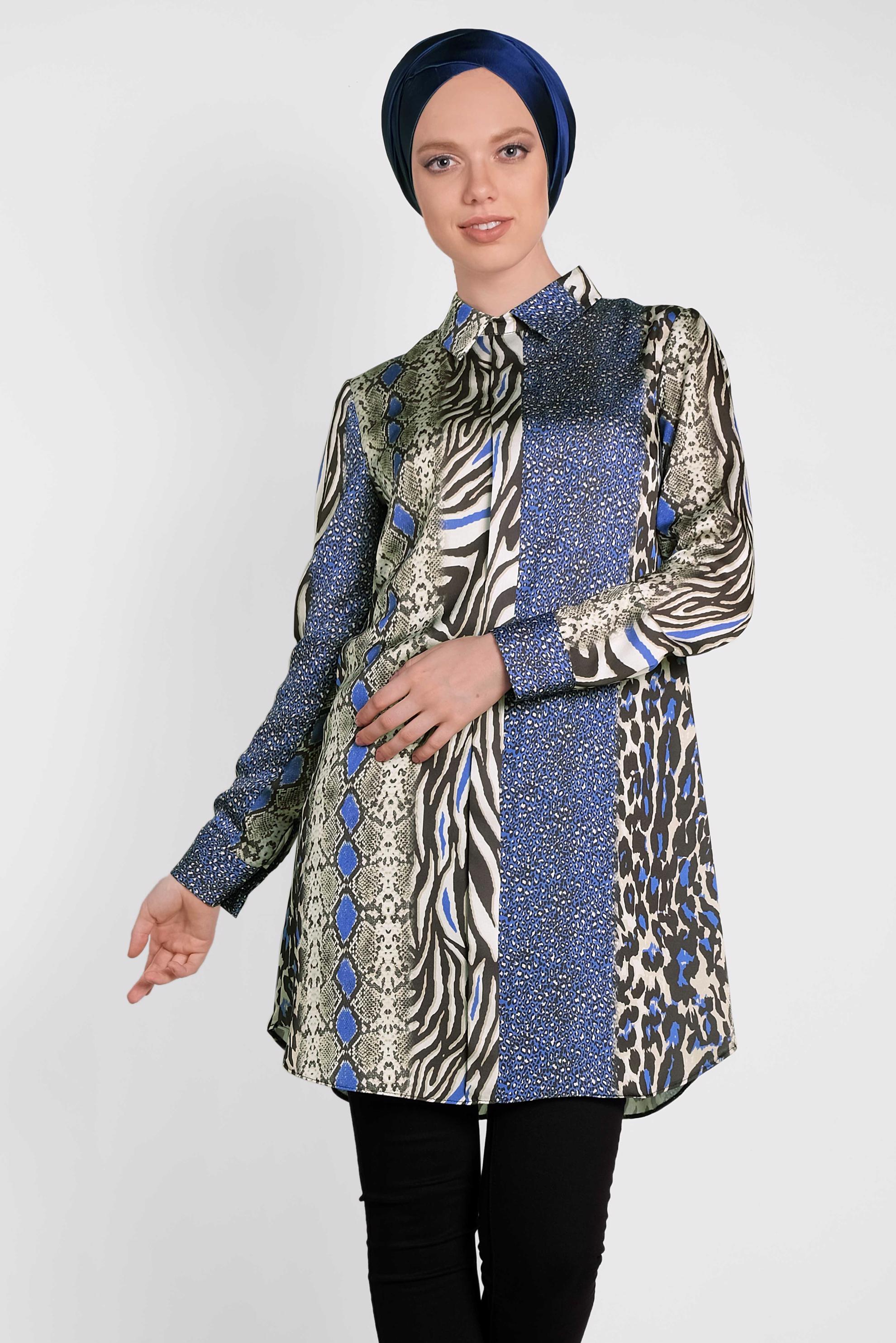 Tesettür giyim LACİVERT LEOPARLI SATEN TUNİK 4491