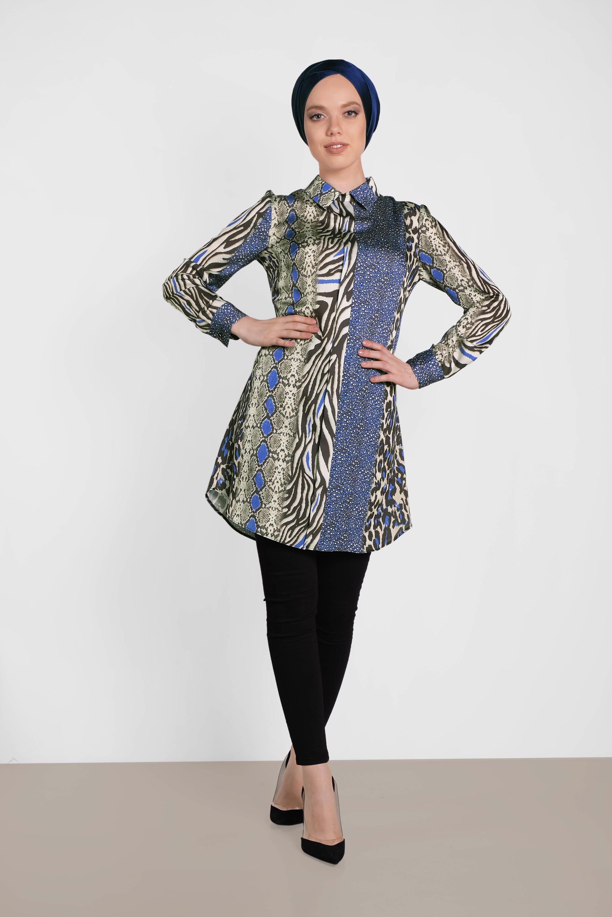 Tesettür giyim LACİVERT LEOPARLI SATEN TUNİK 4491