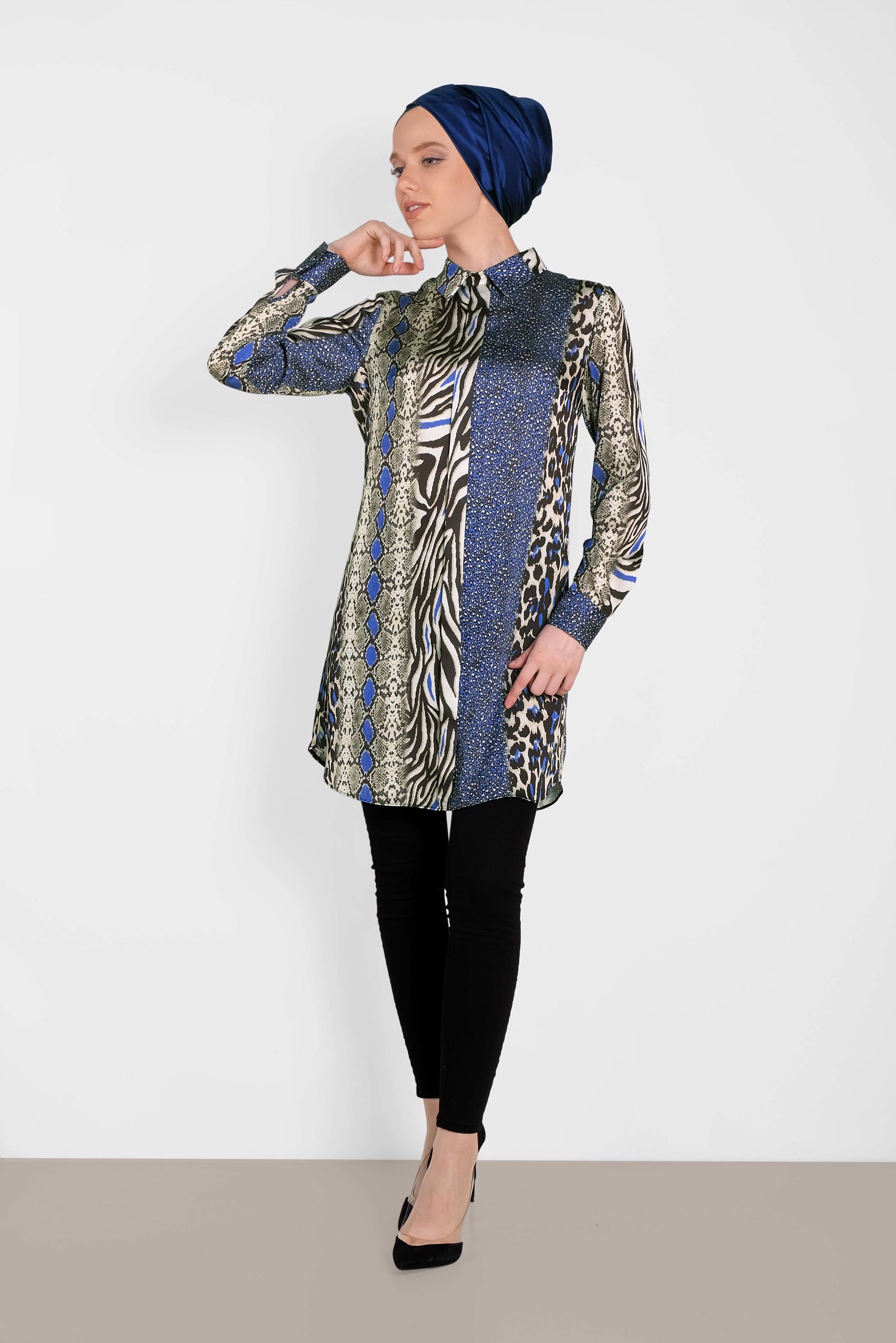 Tesettür giyim LACİVERT LEOPARLI SATEN TUNİK 4491