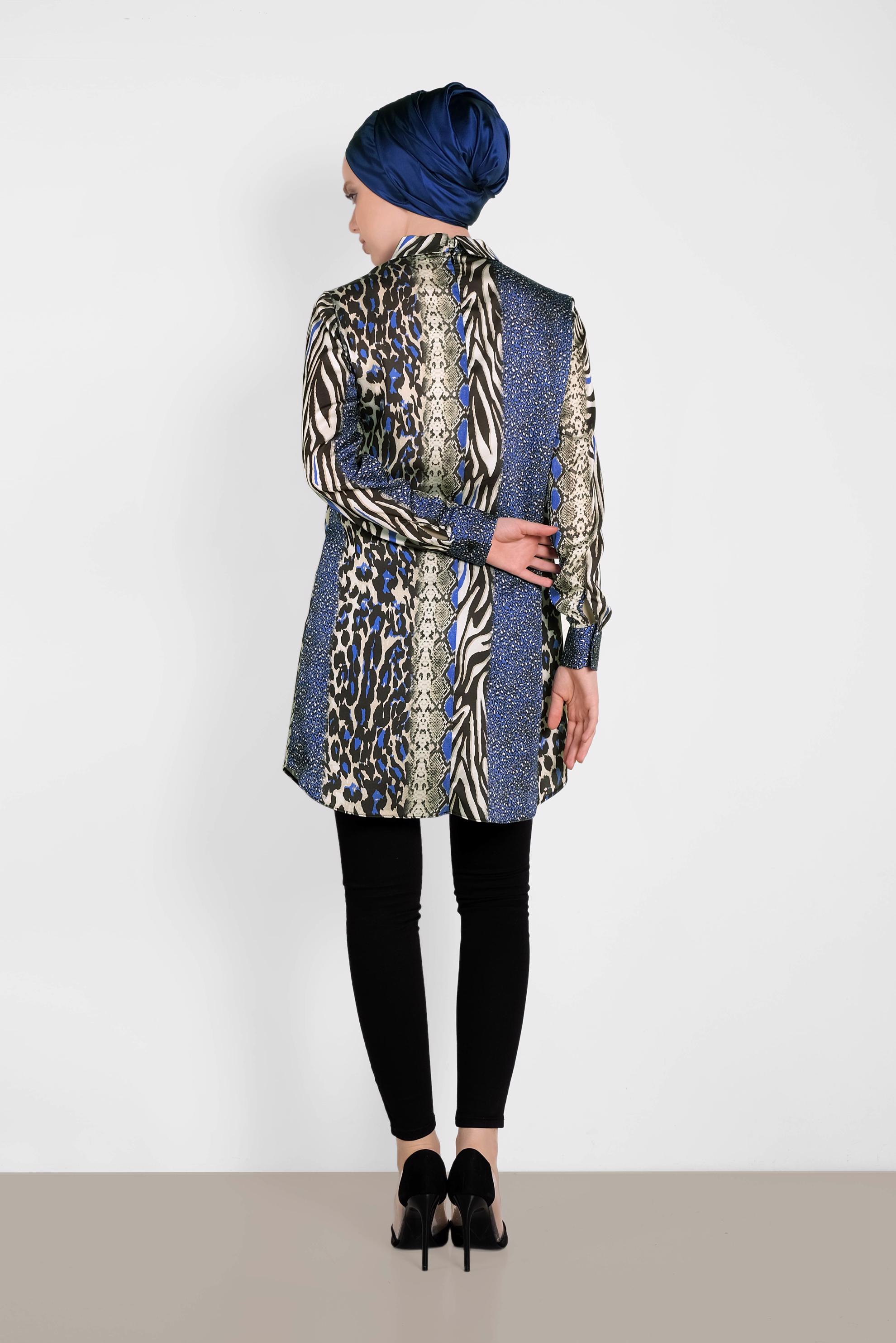 Tesettür giyim LACİVERT LEOPARLI SATEN TUNİK 4491
