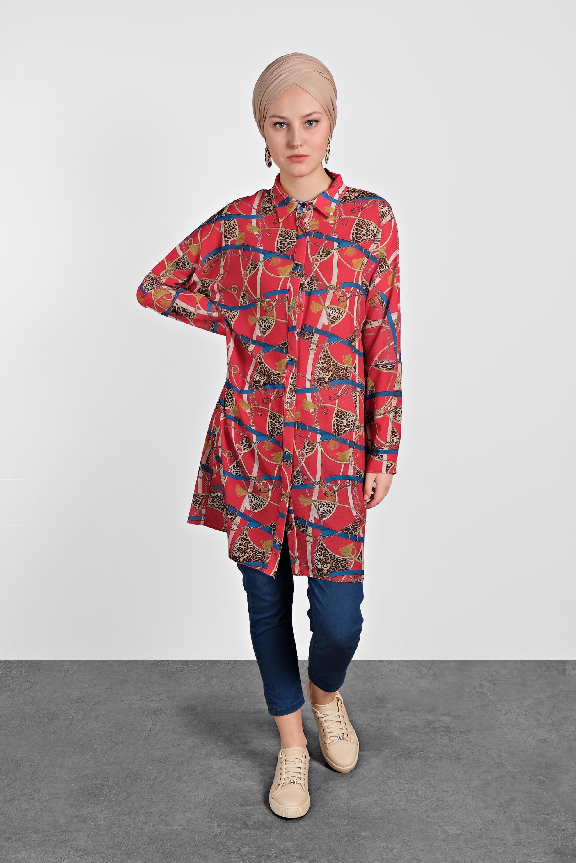 Tesettür giyim KIRMIZI MİX DESENLİ TUNİK 4492