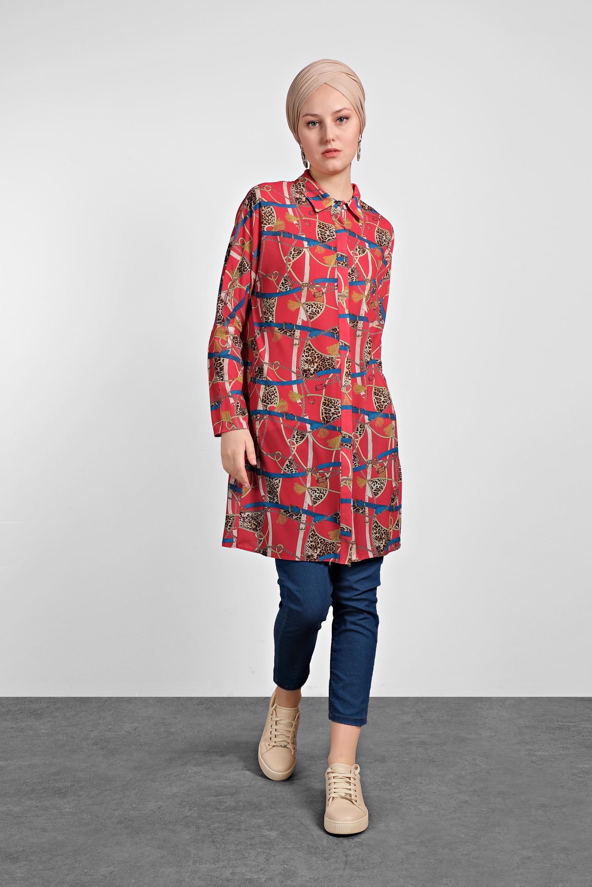 Tesettür giyim KIRMIZI MİX DESENLİ TUNİK 4492