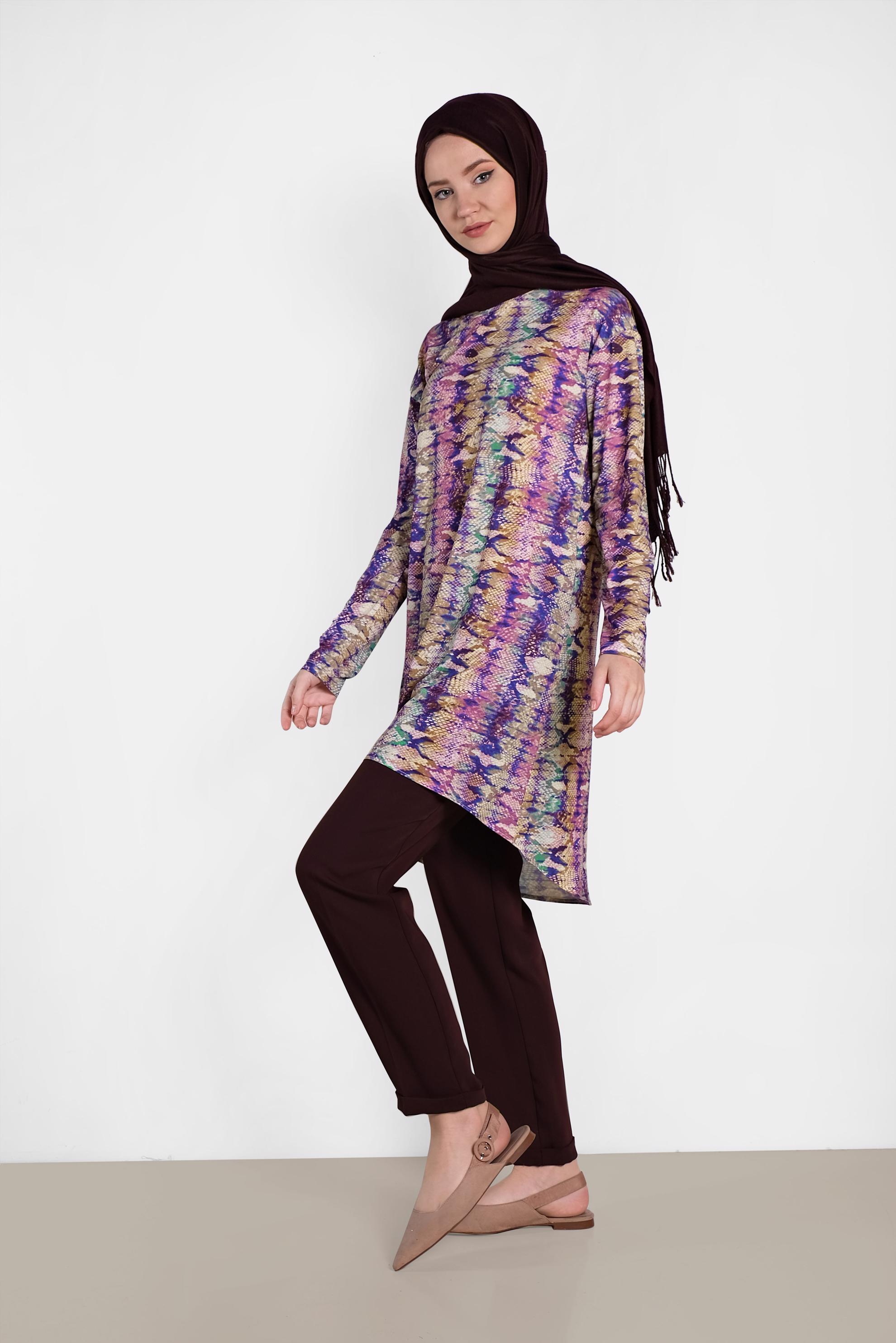 Tesettür giyim MOR DESENLİ TUNİK 4493