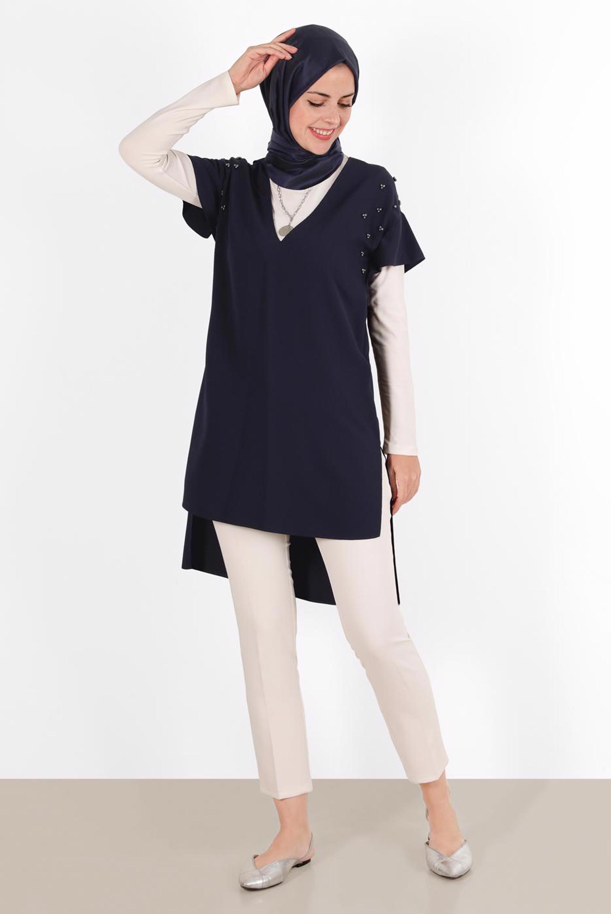 Tesettür giyim LACİVERT ZIMBA DETAYLI ASİMETRİK KESİM TUNİK 4511
