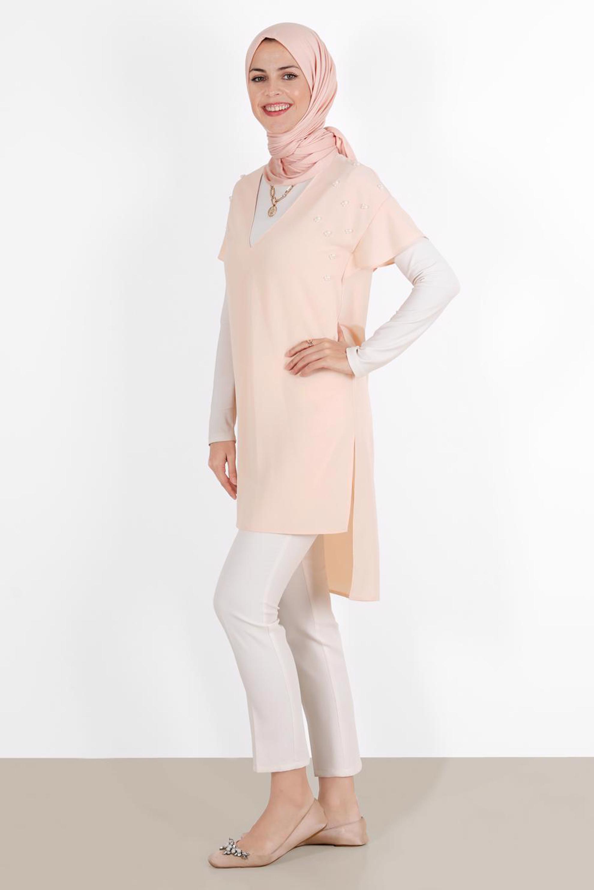Tesettür giyim PUDRA ZIMBA DETAYLI ASİMETRİK KESİM TUNİK 4511