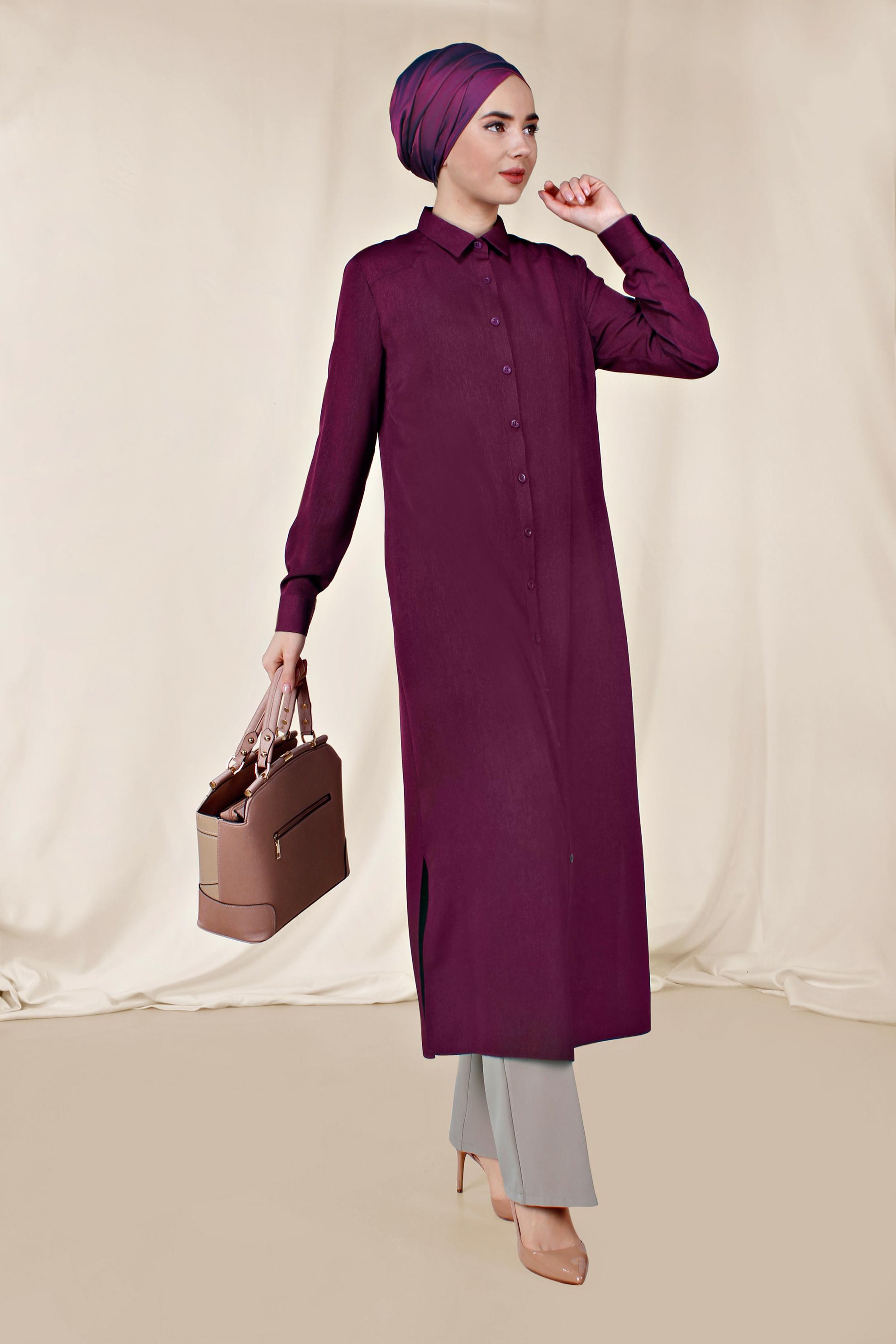 Tesettür giyim MOR YANLARI YIRTMAÇLI DÜĞMELİ TUNİK 4854