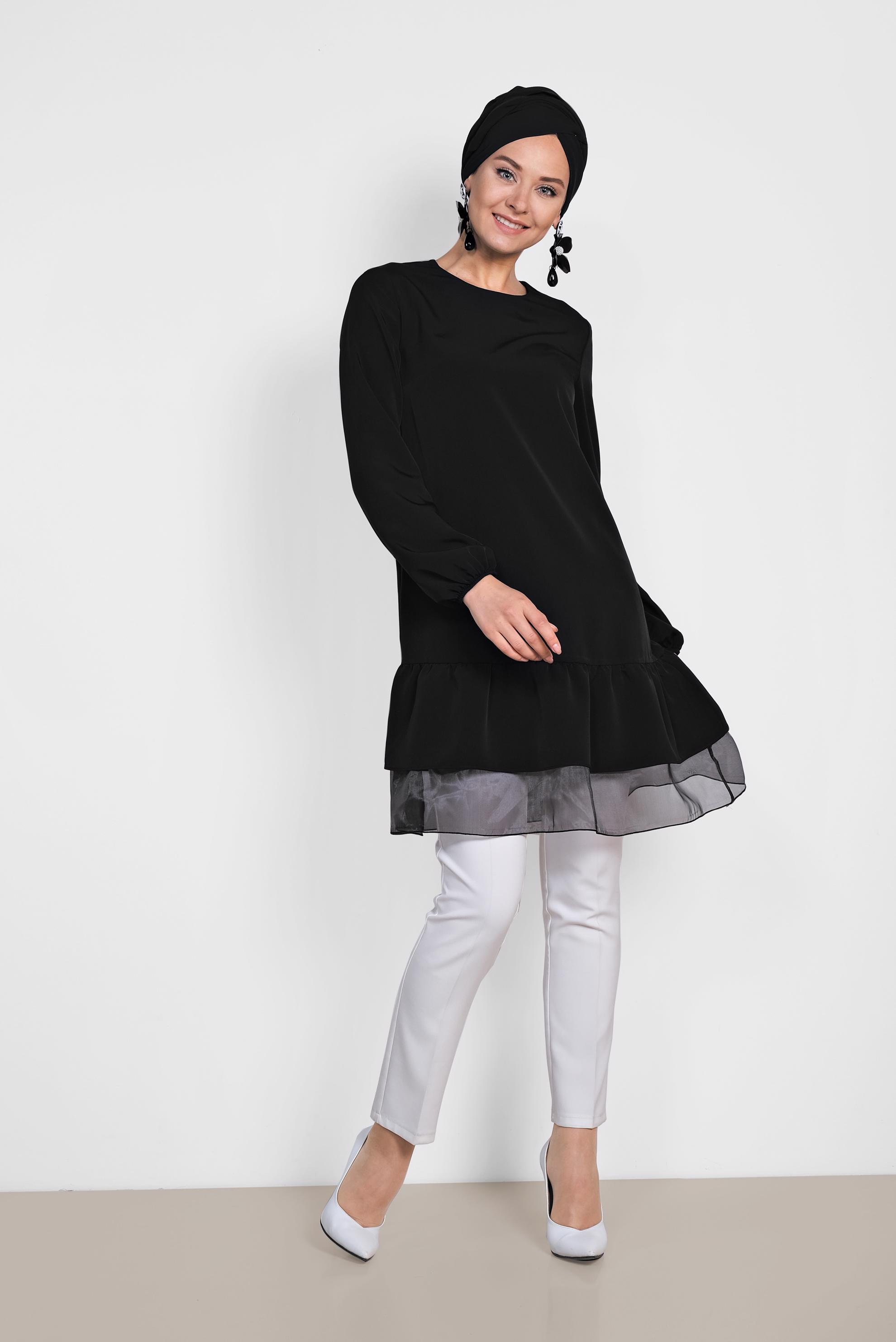 Tesettür giyim SİYAH ETEK UCU TÜLLÜ TUNİK 4860