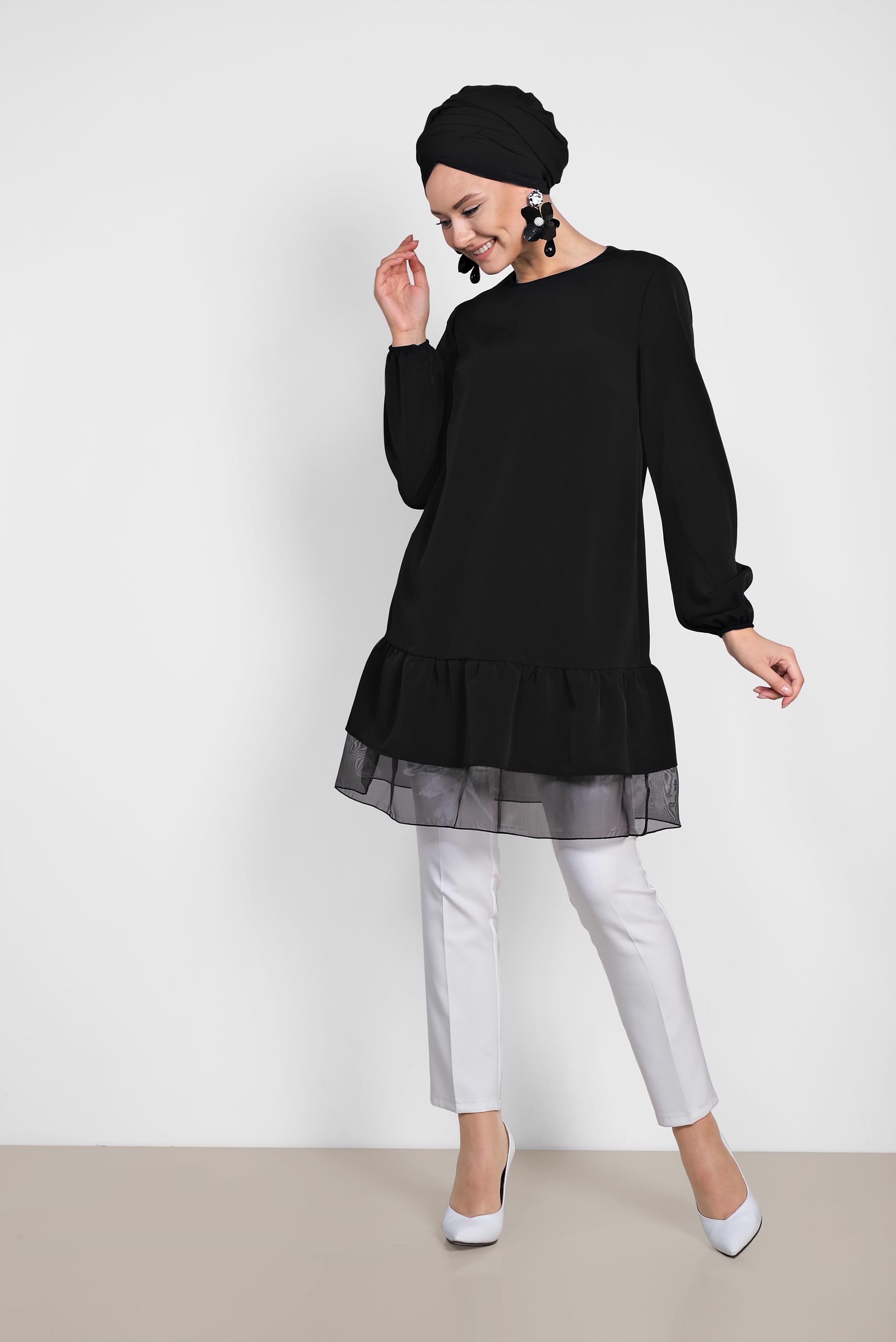 Tesettür giyim SİYAH ETEK UCU TÜLLÜ TUNİK 4860