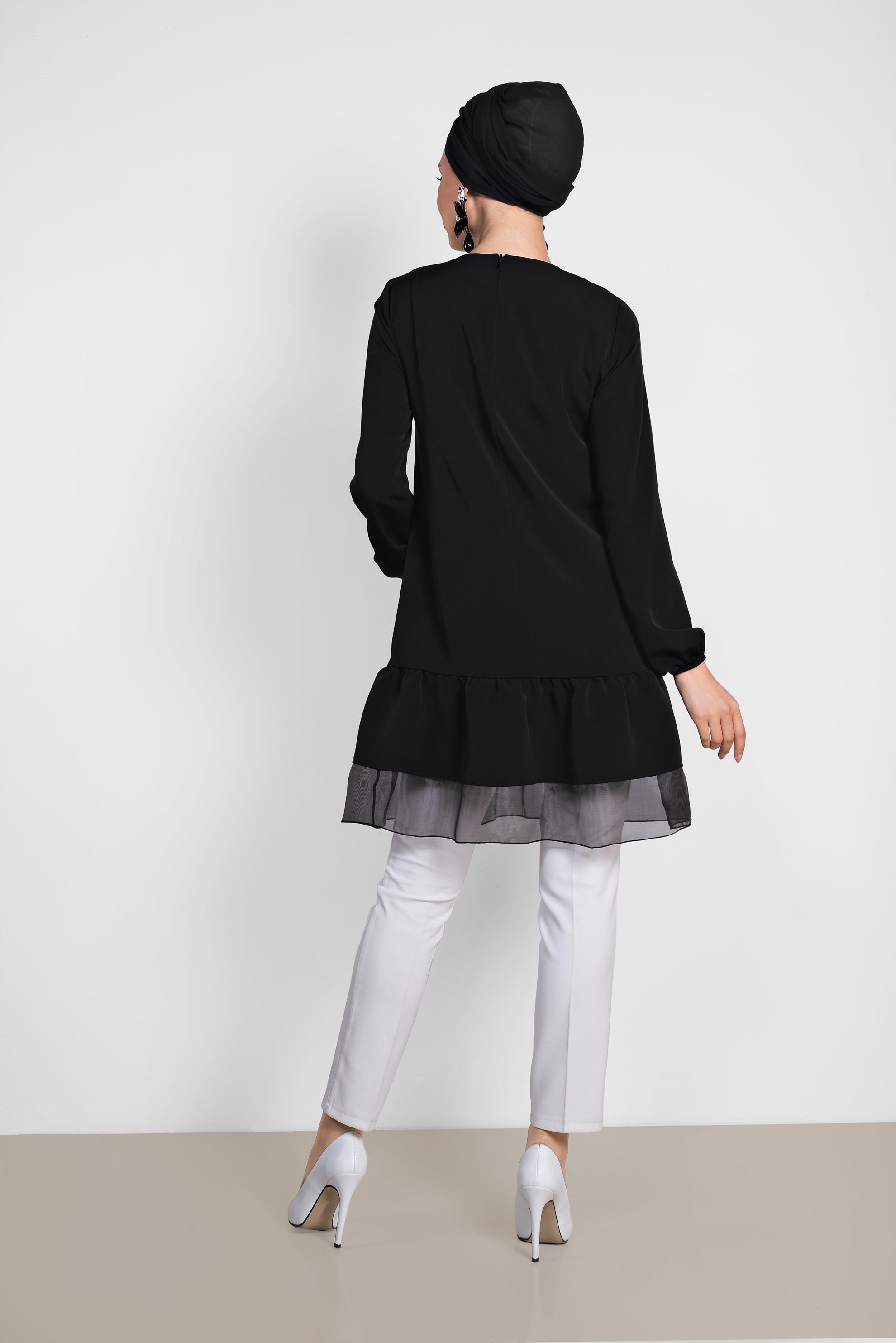 Tesettür giyim SİYAH ETEK UCU TÜLLÜ TUNİK 4860