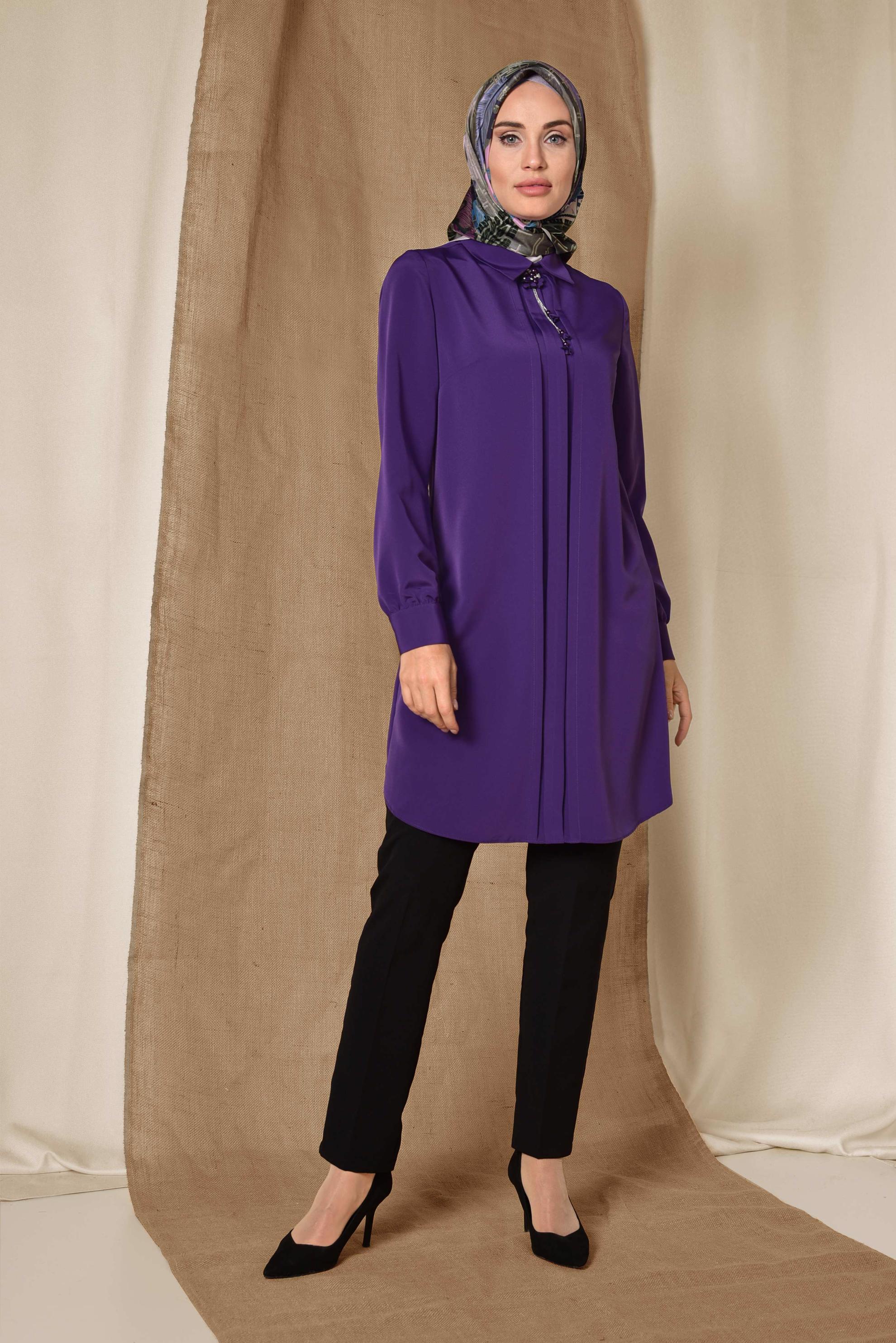 Tesettür giyim MOR ARKADAN FERMUARLI TUNİK 4863