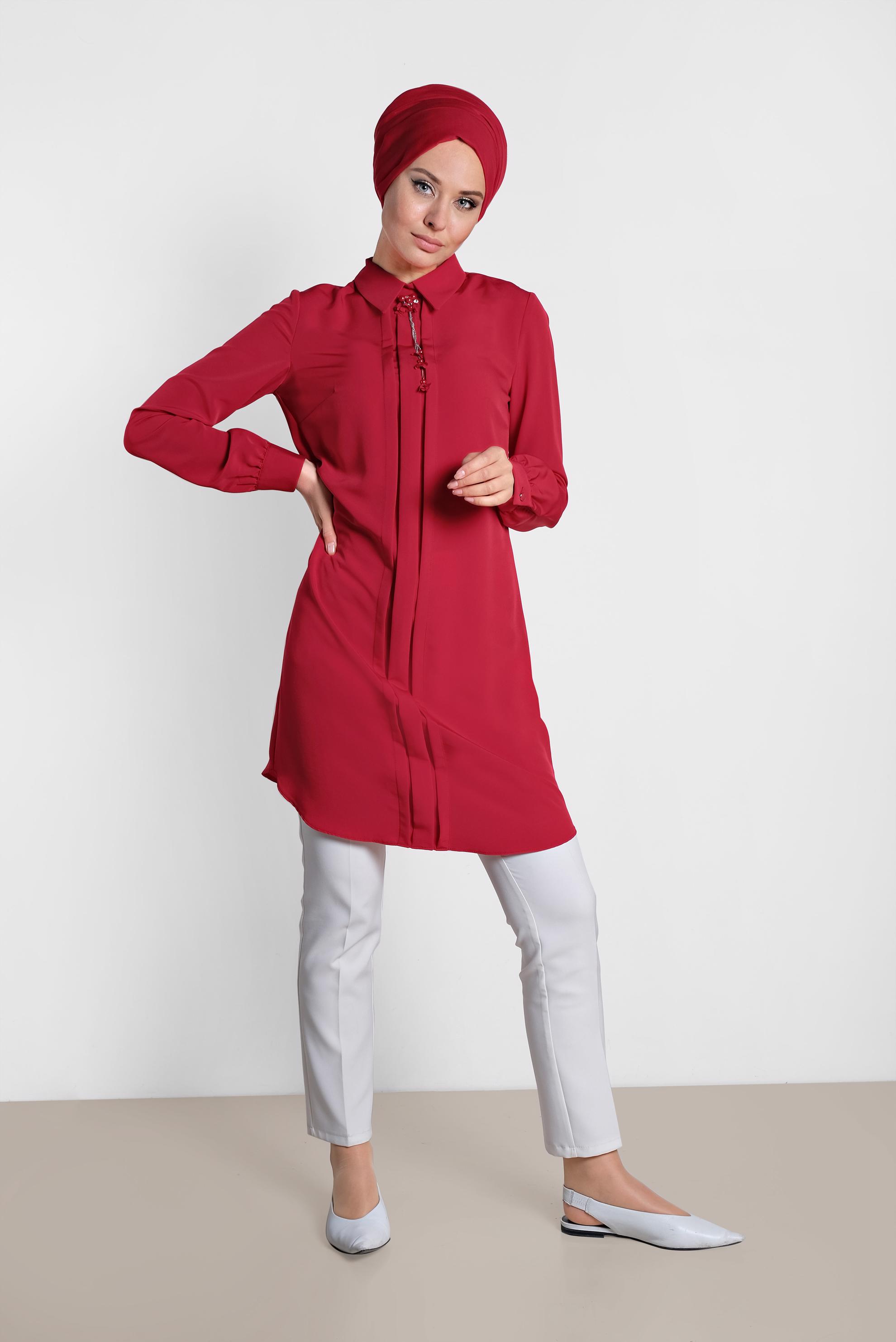 Tesettür giyim BORDO ARKADAN FERMUARLI TUNİK 4863