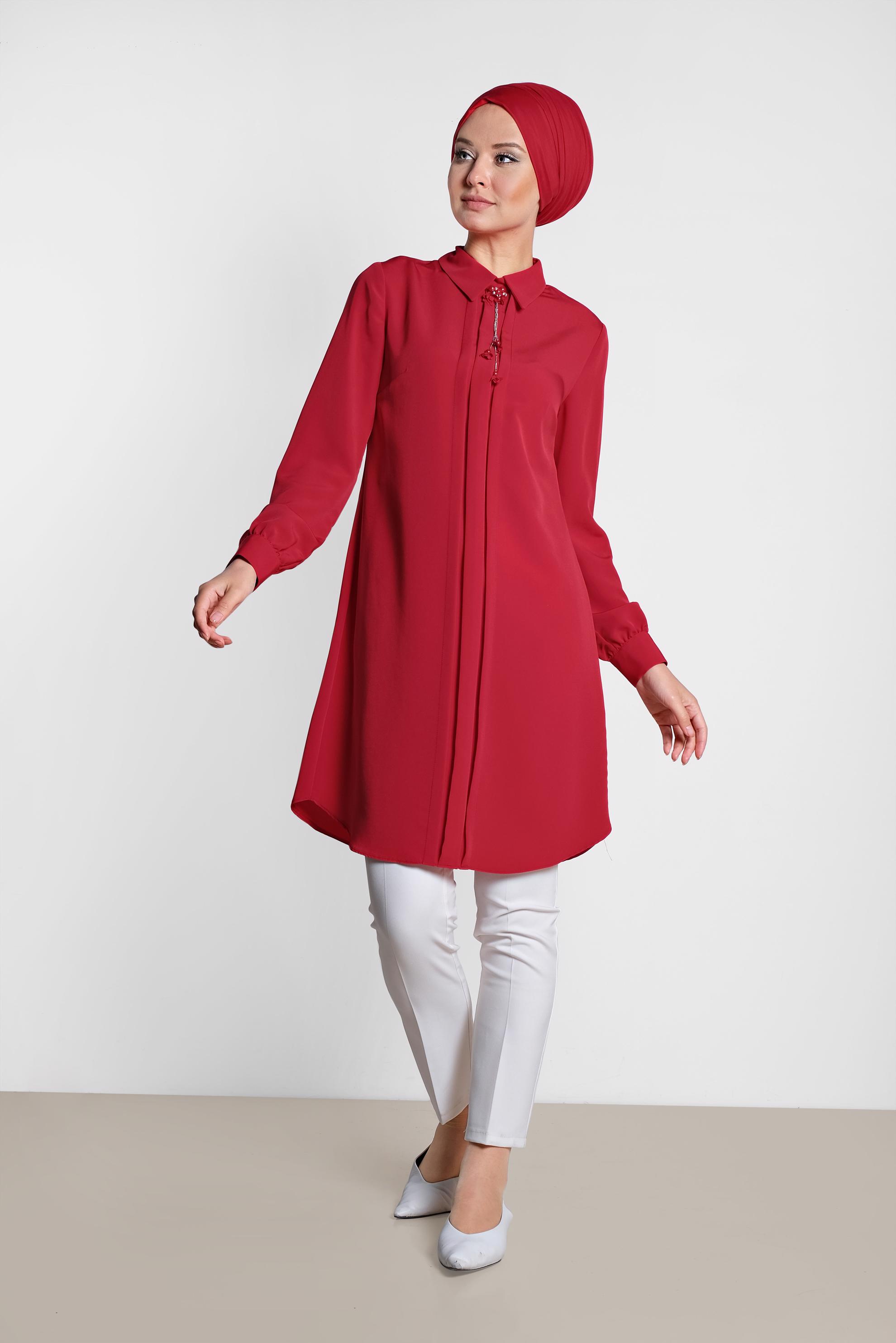 Tesettür giyim BORDO ARKADAN FERMUARLI TUNİK 4863