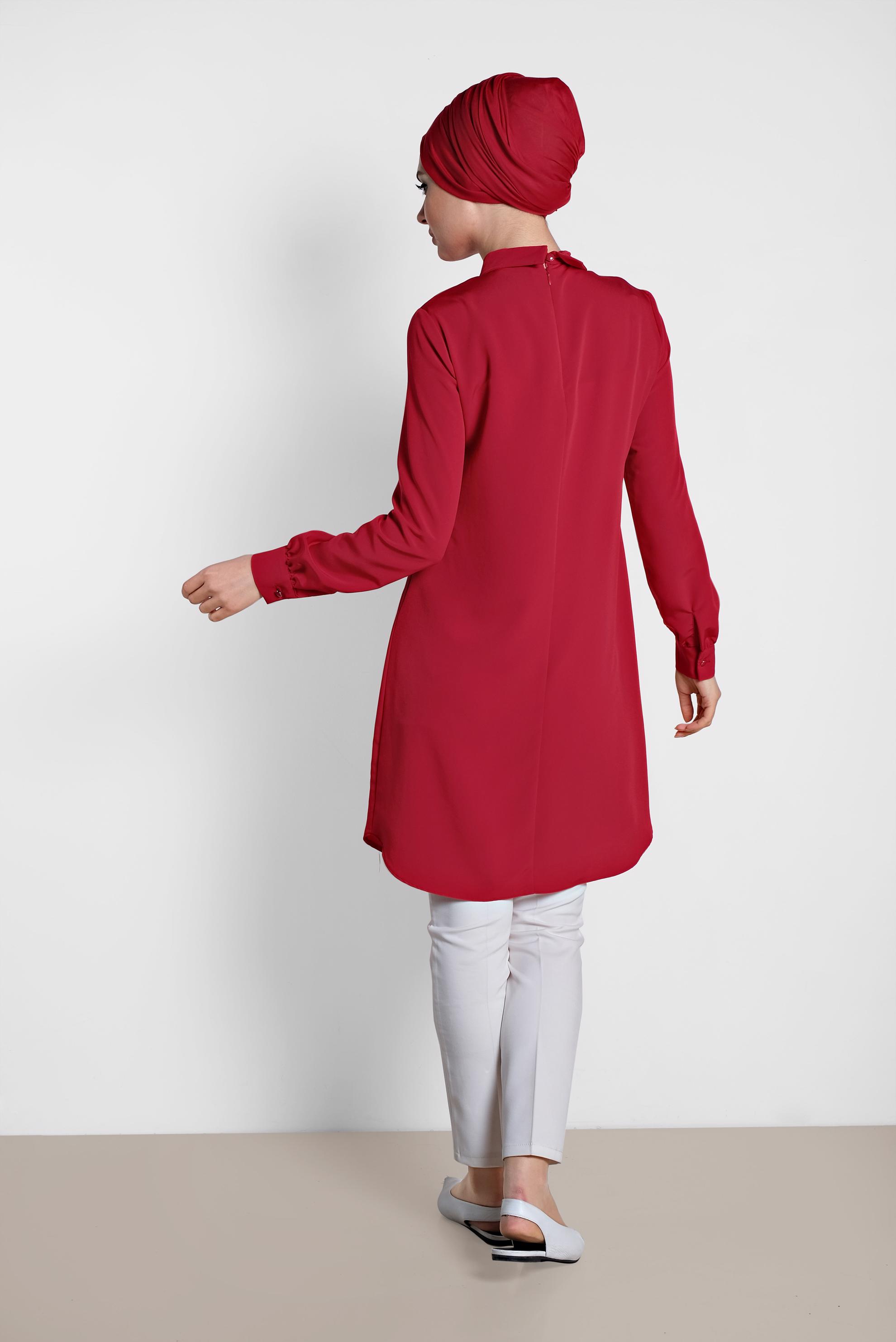 Tesettür giyim BORDO ARKADAN FERMUARLI TUNİK 4863